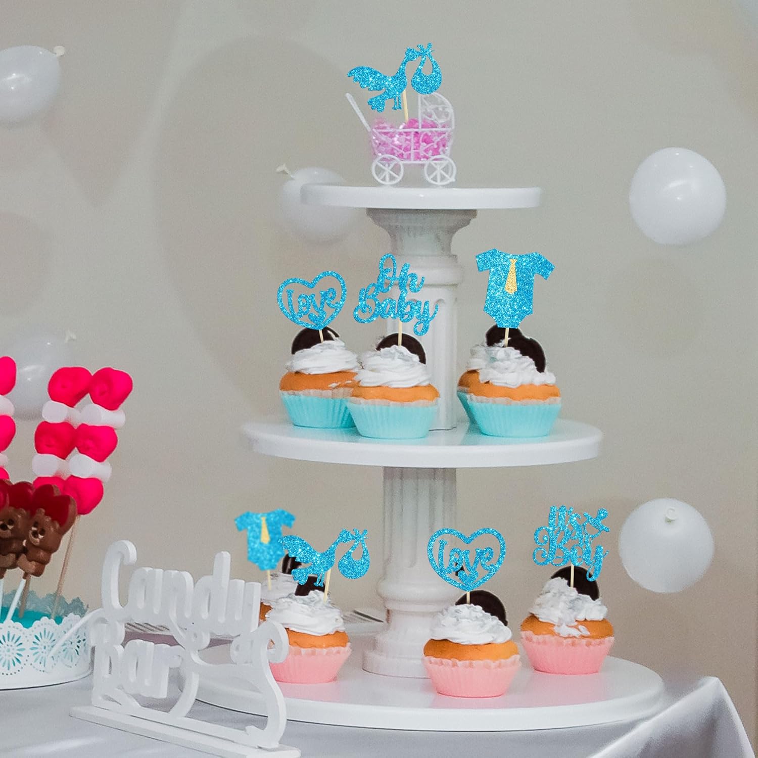 Gyufise 30 piezas de decoración de cupcakes para baby shower, con purpurina, diseño de corazón de amor, Oh Baby Cupcake Picks It’s a Boy, decoración