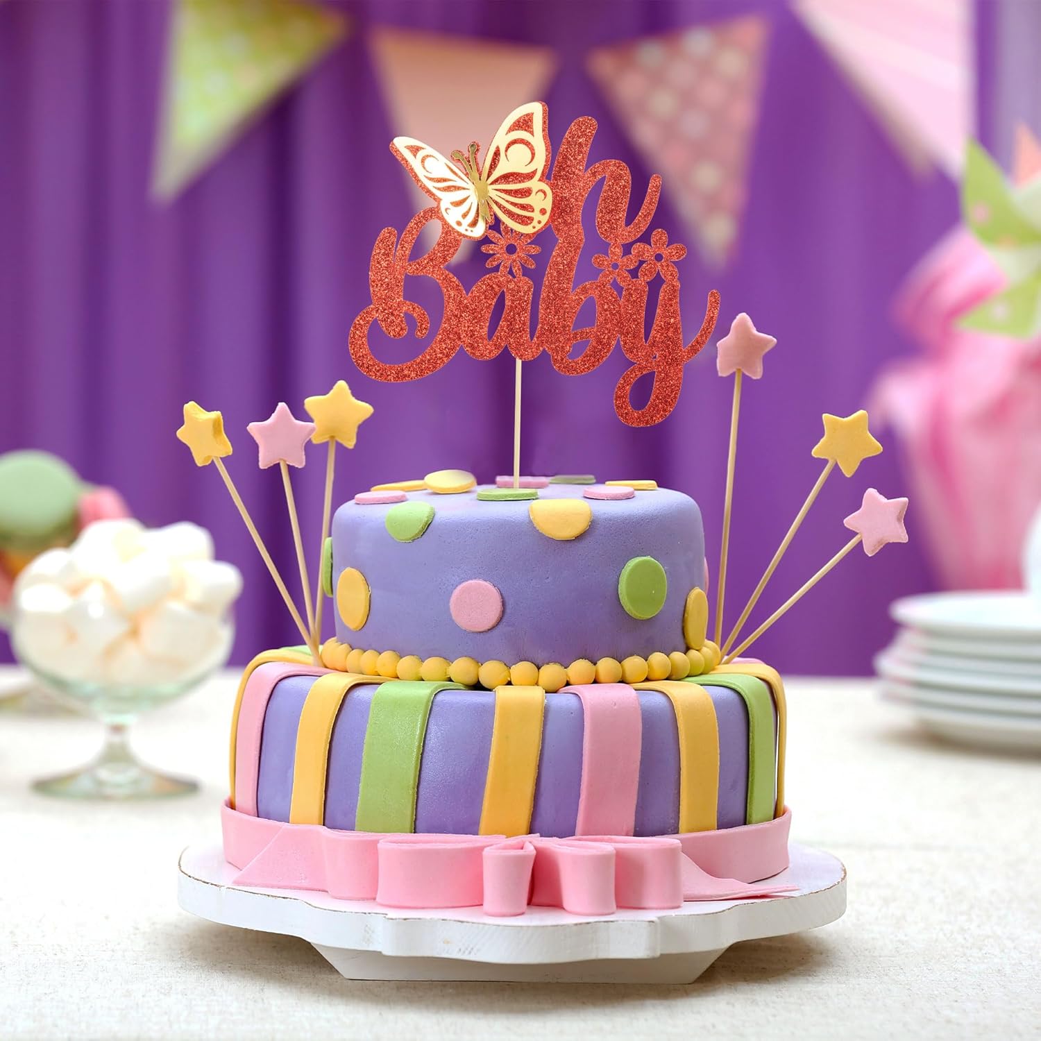Gyufise 1 pieza de mariposa Oh Baby Cake Topper Glitter Baby Shower Butterfly Cake Pick para revelación de género Baby Shower Niños fiesta de