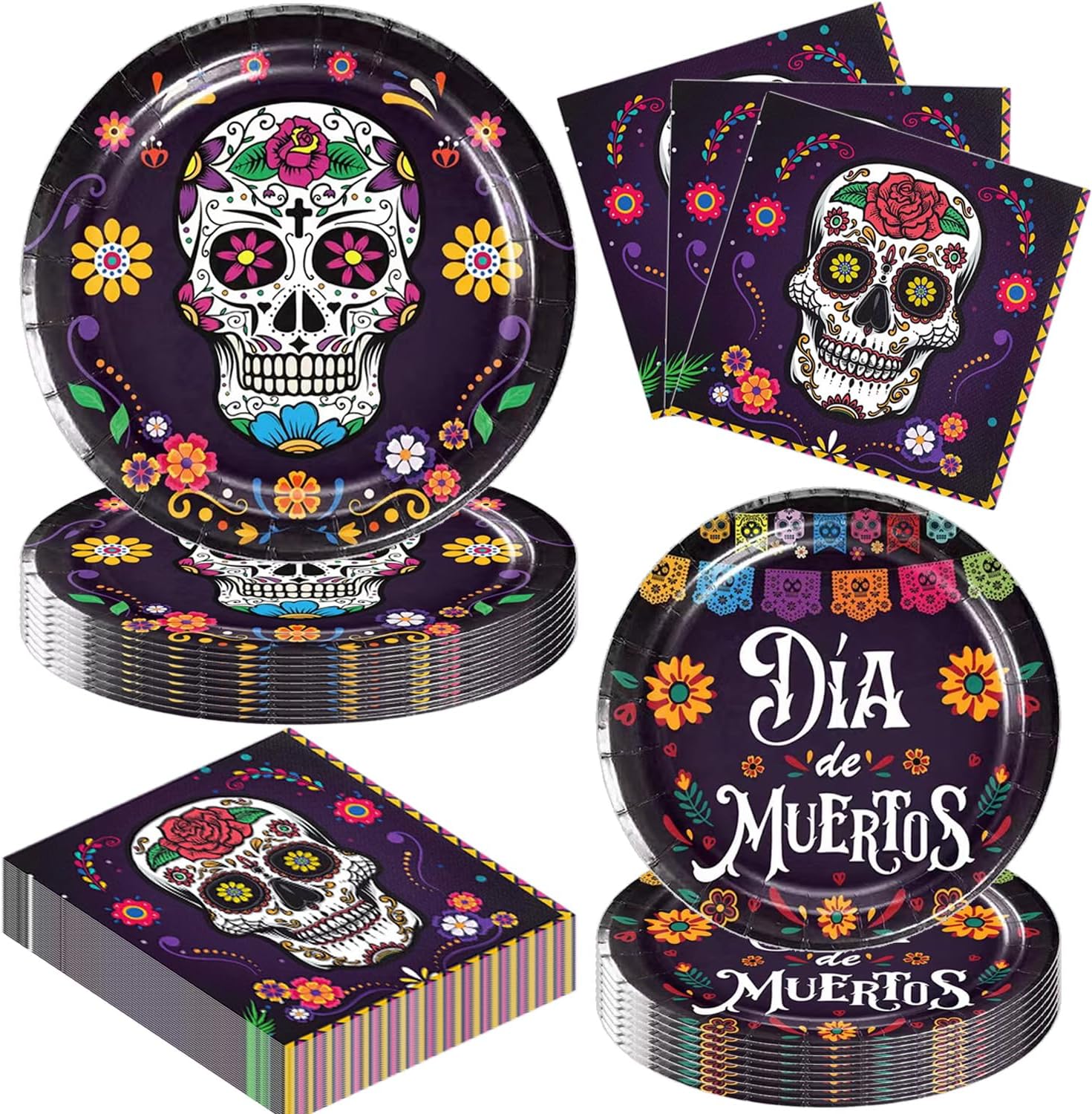 Juego de 64 piezas de vajilla para fiesta del Día de los Muertos Día de los Muertos, suministros de fiesta de calavera de azúcar, platos para fiesta