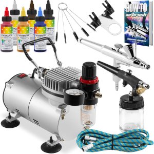 PointZero Kit de decoración de pasteles con aerógrafo, 2 aerógrafos, paquete de compresor con 6 colores Chefmaster PointZero Kit de decoración de pasteles con aerógrafo, 2 aerógrafos, paquete de compresor con 6 colores Chefmaster