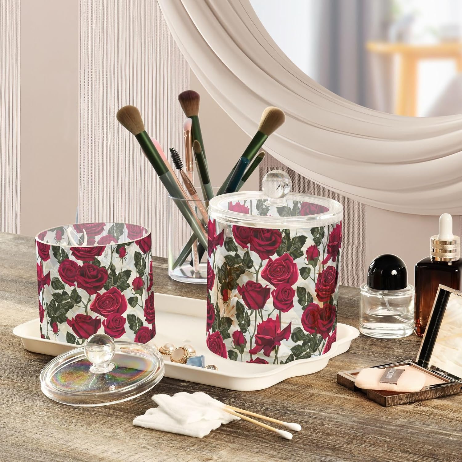 Roses Flowers Jars with Lids Plastic Jars Bathroom Containers Canister Jar Cotton Pad Holder for Dorm Room Essentials for College Students Girls
