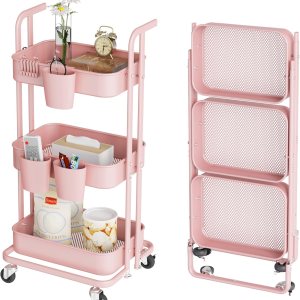DTK Carrito plegable de 3 niveles, carrito utilitario de metal con ruedas bloqueables, carrito de almacenamiento plegable para sala de estar, DTK Carrito plegable de 3 niveles, carrito utilitario de metal con ruedas bloqueables, carrito de almacenamiento plegable para sala de estar,