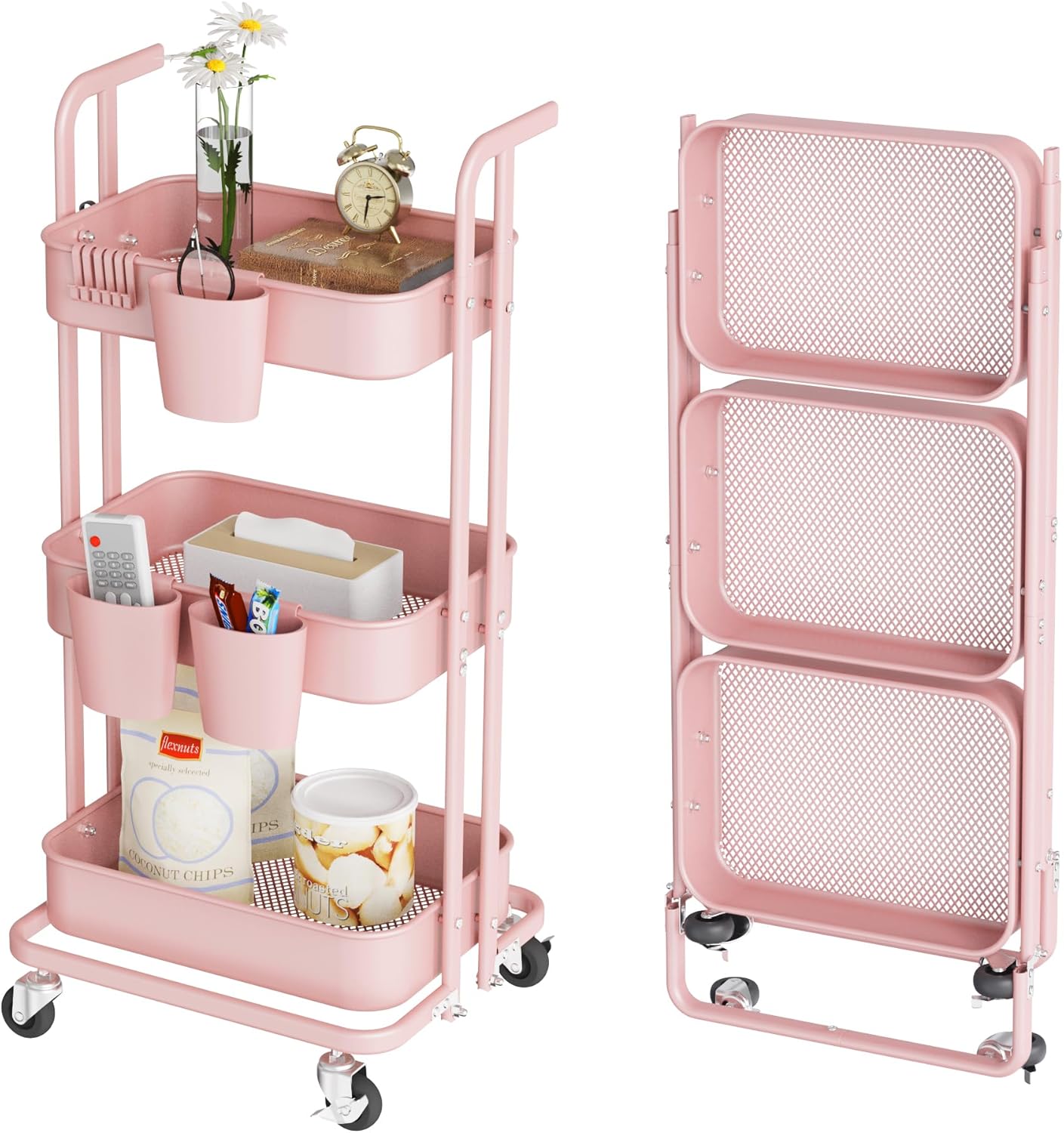 DTK Carrito plegable de 3 niveles, carrito utilitario de metal con ruedas bloqueables, carrito de almacenamiento plegable para sala de estar,