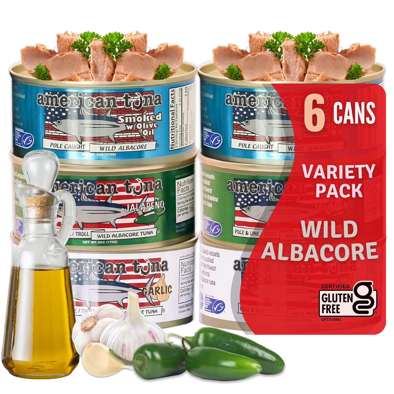 One by One Pole Caught Albacore Atún Variedad Pack de Atún Americano, Cocinado Una Vez, Sin Aditivos  Latas de 6 oz (2 cada una) de ajo, jalapeño,