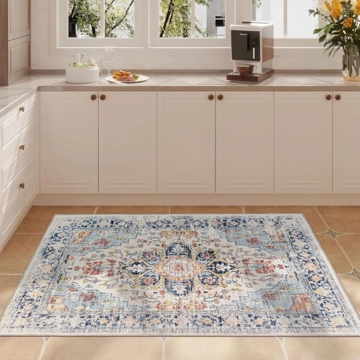 Homcomoda Alfombra de área pequeña de 3 x 5 pies, antideslizante, lavable para entrada, alfombra de entrada de pelo bajo, alfombras vintage para