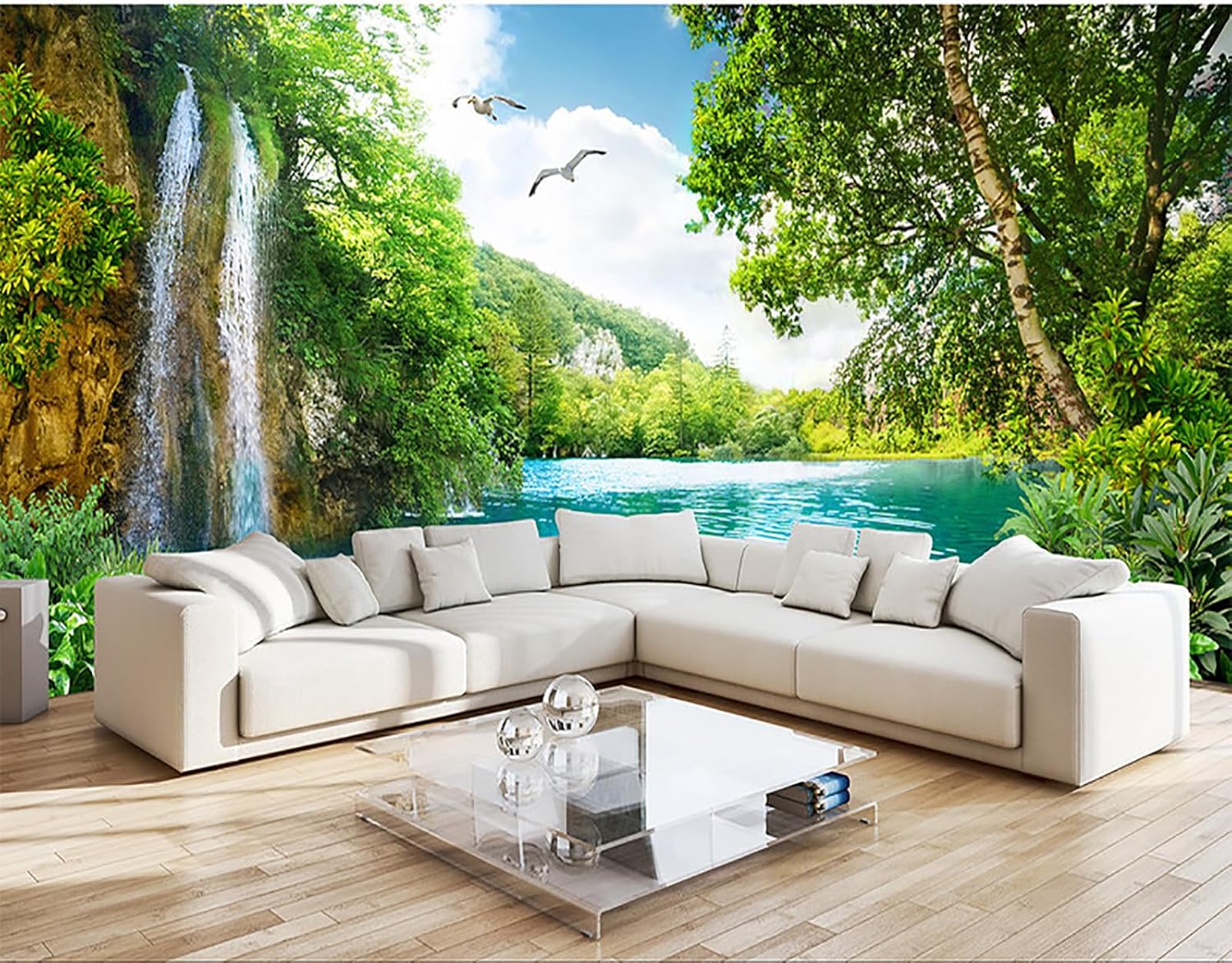 Pintura de paisaje 3D, paisaje de montaña, cascada, Jiangnan, paisaje junto al mar, cocoteros, sala de estar, sofá, comedor, dormitorio, TV, Mural