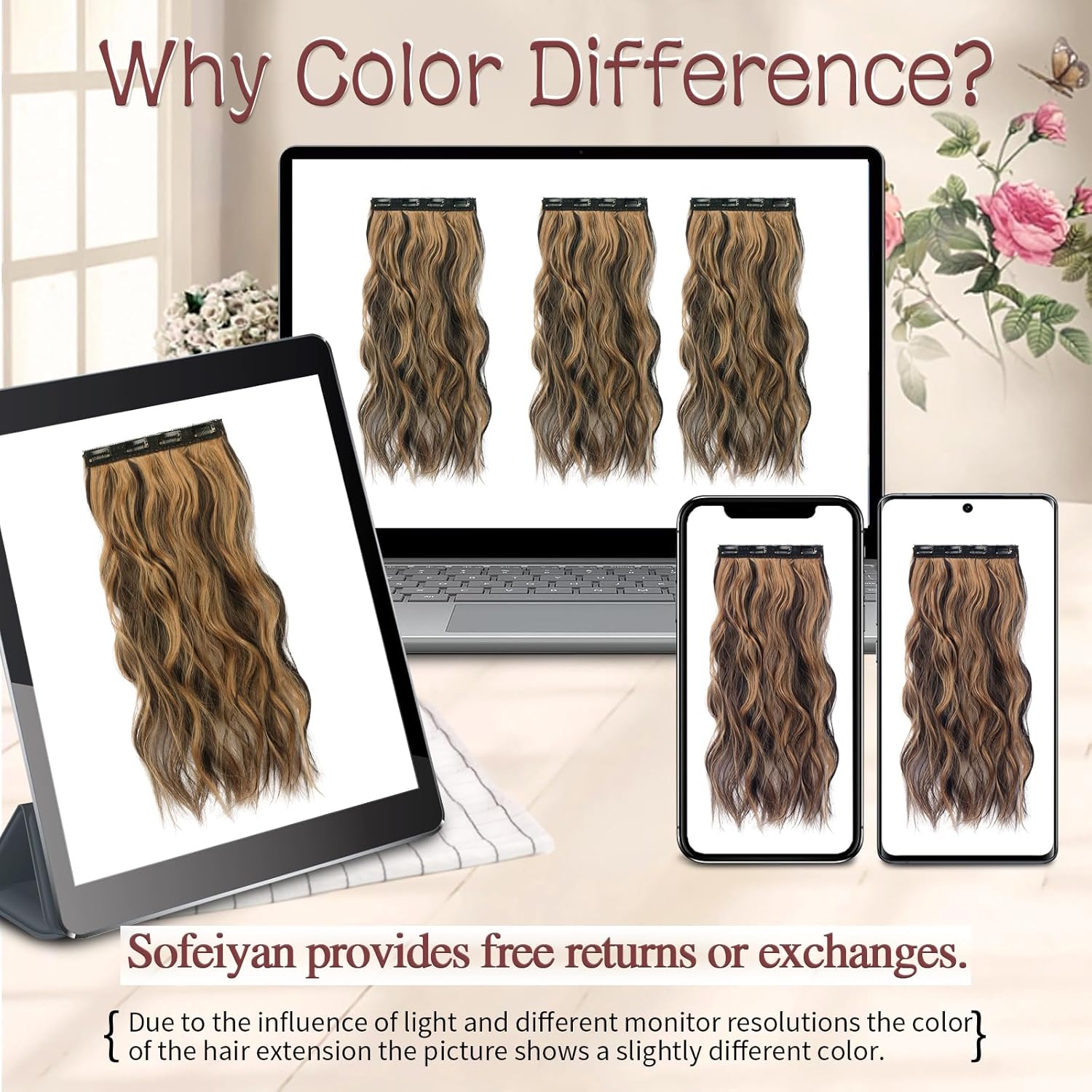 SOFEIYAN Extensiones de cabello con clip, 4 piezas, extensiones de cabello sintético largo ondulado marrón oscuro, extensiones de cabello sintético