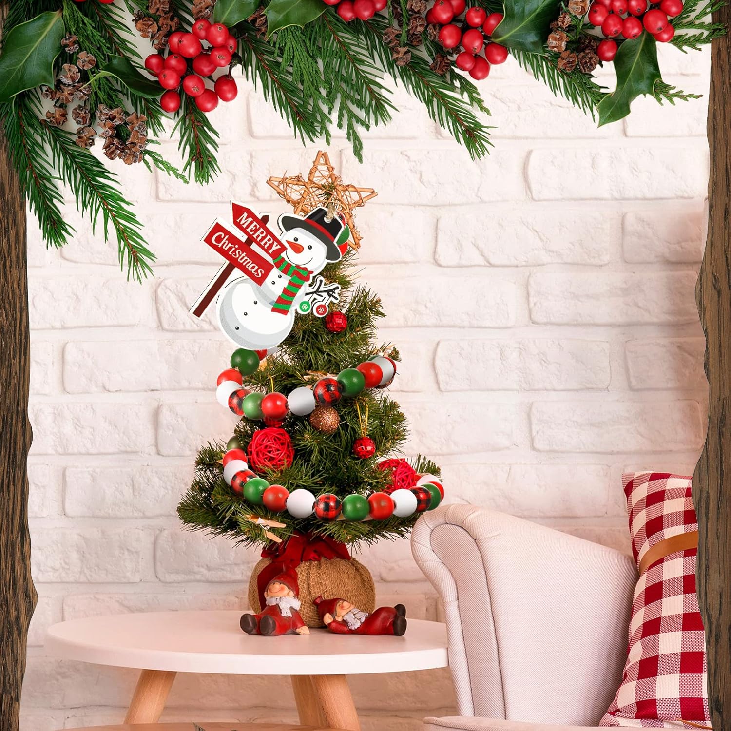 Guirnalda de cuentas de madera de Navidad con borlas, decorada con adorno para árbol de Navidad, 2 piezas de guirnalda de cuentas de madera, adornos
