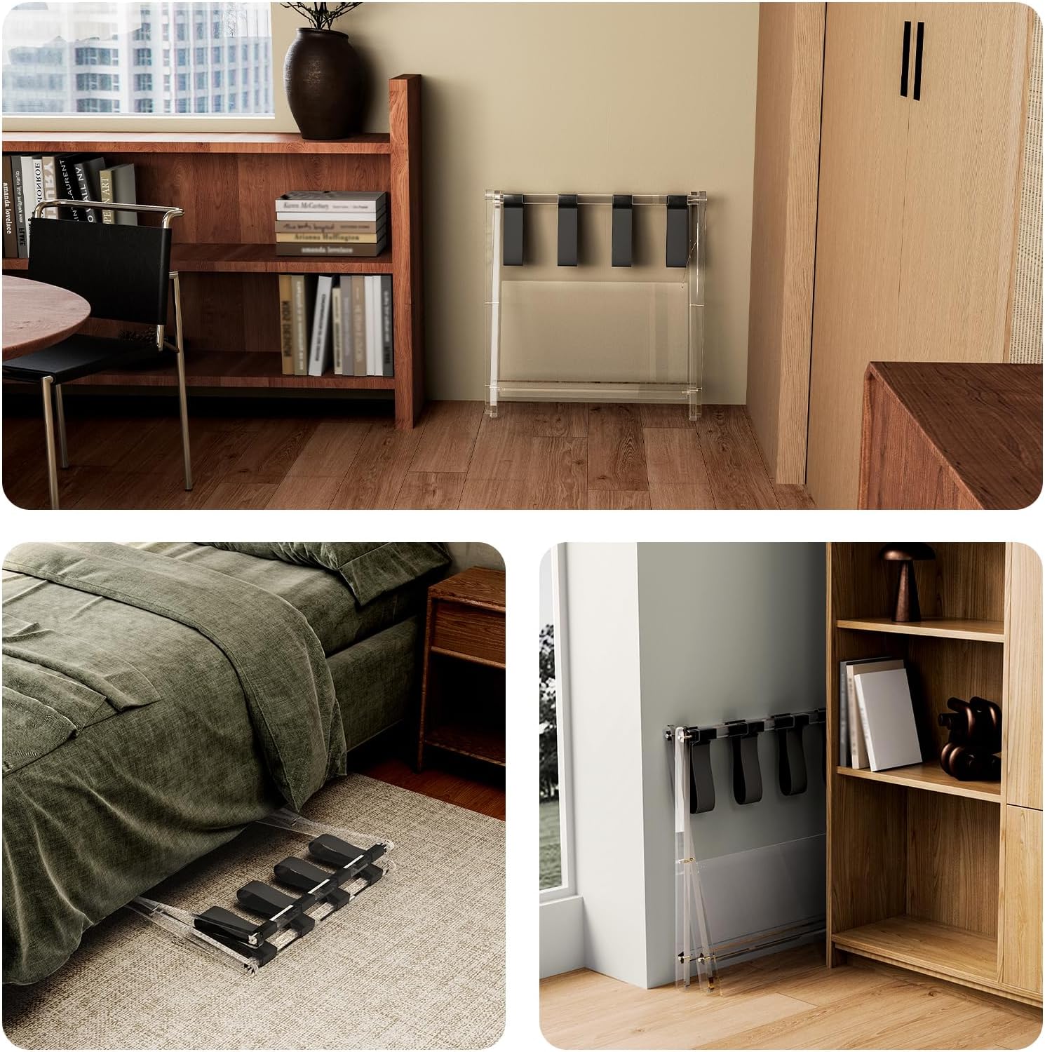 Sumerflos Portaequipajes de acrílico para habitación de invitados, soporte plegable transparente de lujo con estante de almacenamiento acrílico y