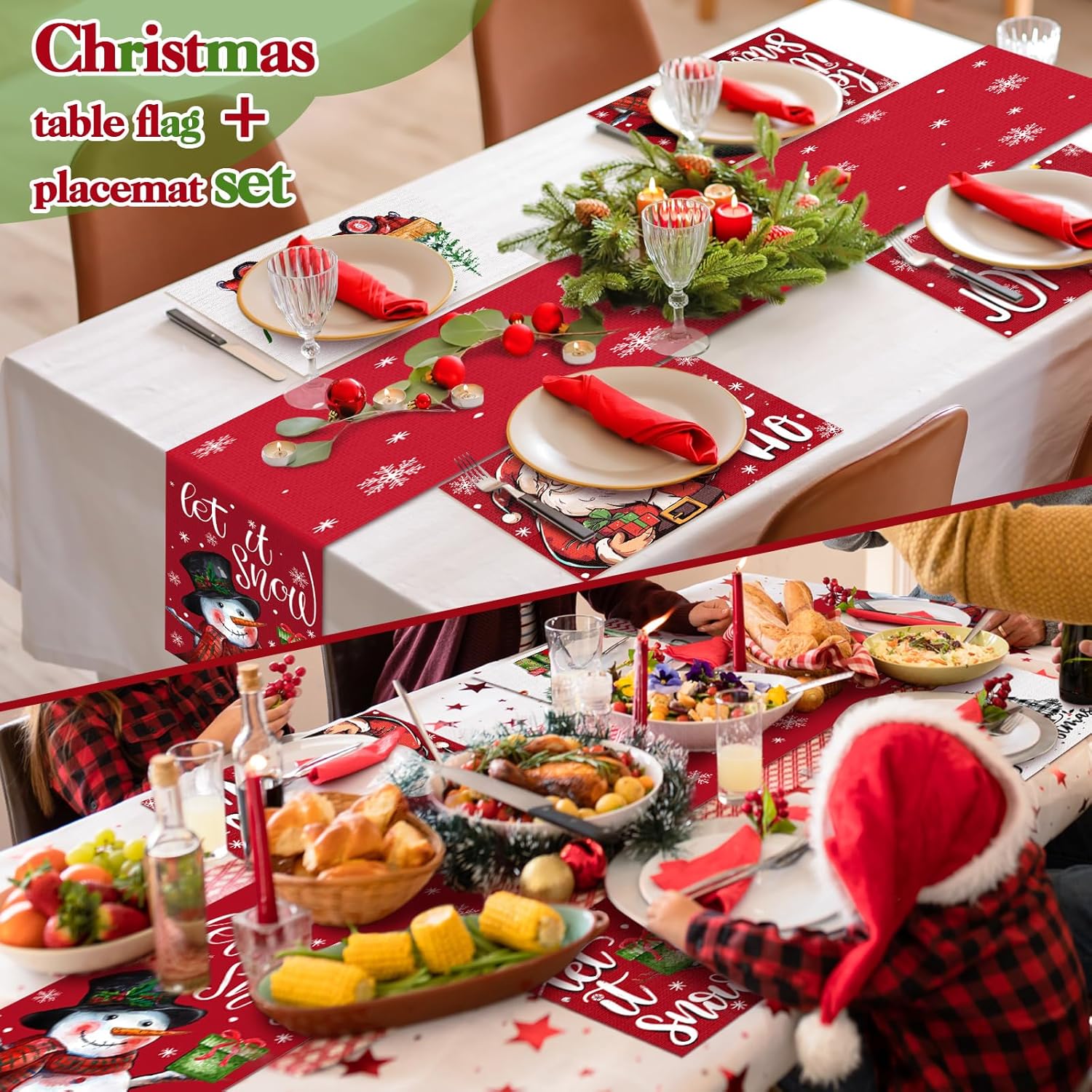 7 manteles individuales de Navidad de 12 x 18 pulgadas, juego de 6 manteles individuales de Navidad con camino de mesa, Papá Noel, ciervo, muñeco de