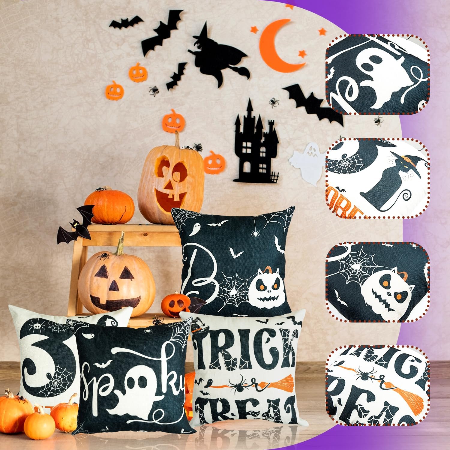 Sioloc Fundas de almohada de Halloween de 18 x 18 pulgadas con 4, decoraciones de Halloween, casa de campo de bruja de calabaza, decoración festiva