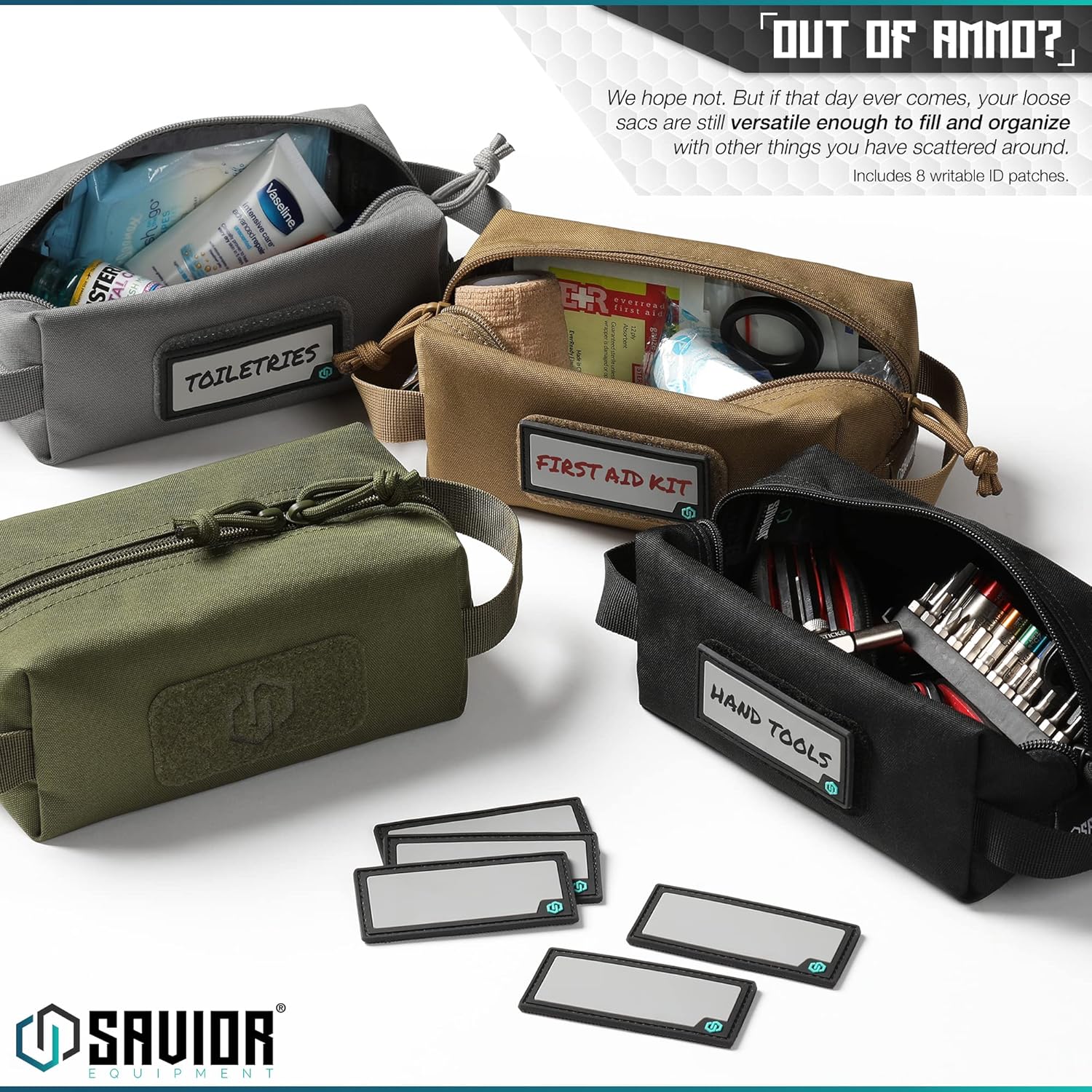 Savior Equipment Loose Sacs – Paquete de 4 bolsas tácticas de munición para armas de fuego, parches de identificación incluidos, rifle, carabina,