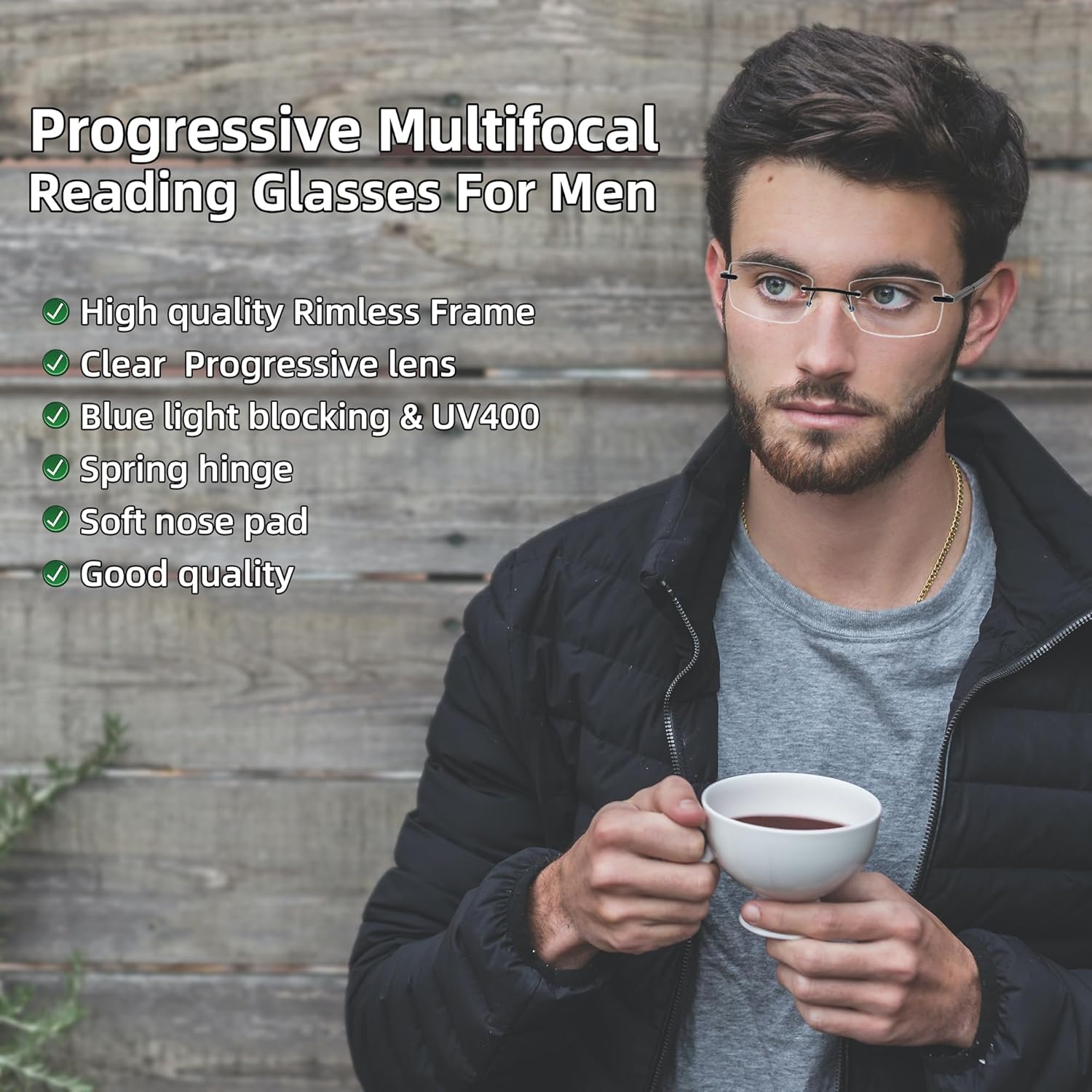 HIYANJN Gafas de lectura progresivas para hombre, marco sin marco, bloqueo de luz azul, multifocales, para computadora, bisagra de resorte, sin línea
