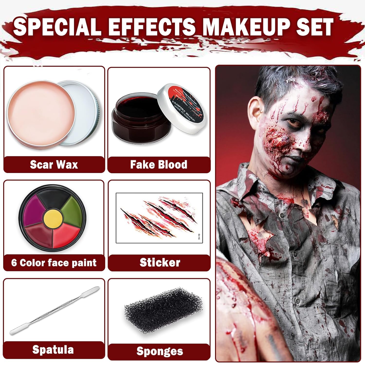 Kit de maquillaje de vampiro zombi de efectos especiales de Halloween, gel de sangre falsa + kit de maquillaje de pintura corporal de 6 colores +
