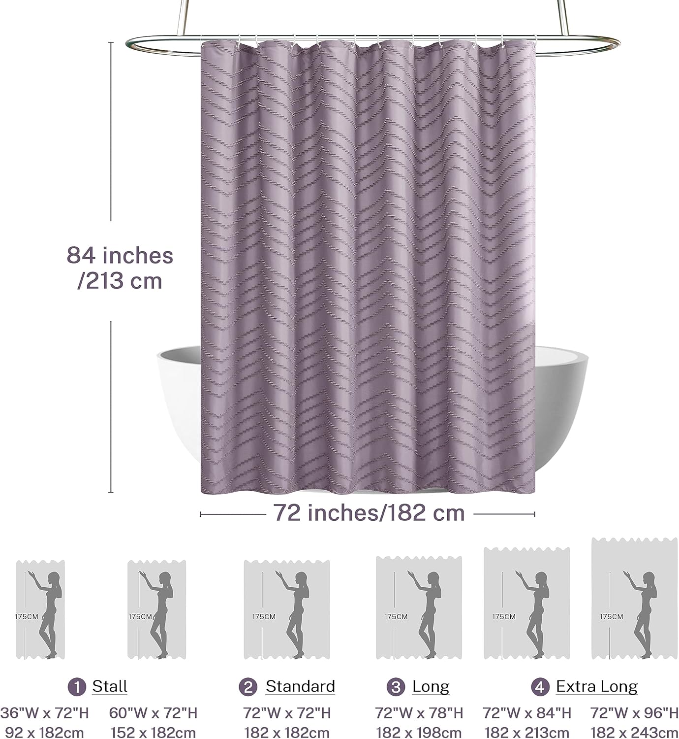 Cortina de ducha extra larga de tela tejida morada de 84 pulgadas, cortina de ducha con rayas cheurón copetudo, 72 x 84 pulgadas, moderna, elegante,