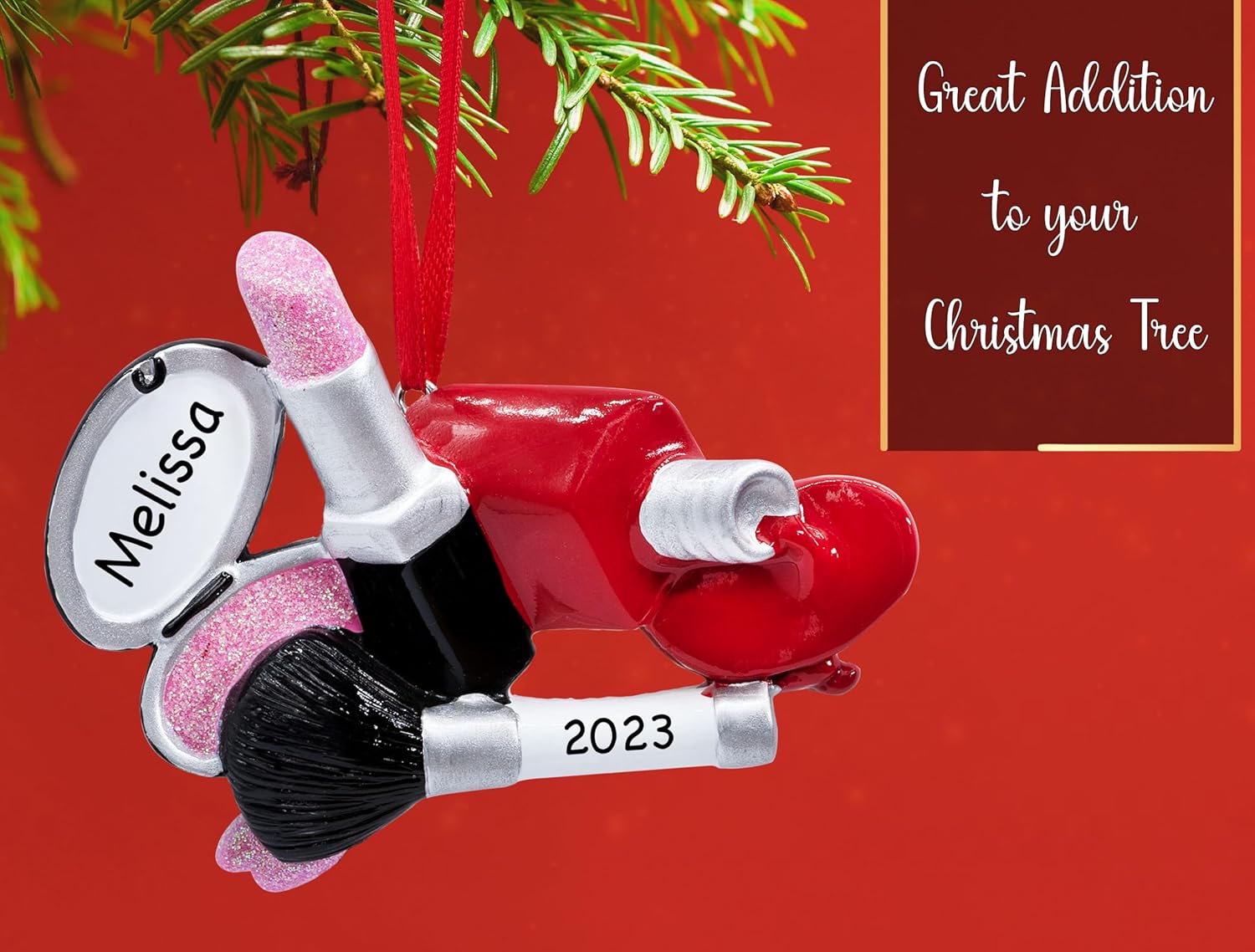 UniqXmas Herramientas de maquillaje personalizadas, adorno de Navidad 2023  Cosméticos de belleza elegantes para niñas, pincel de esmalte de uñas de