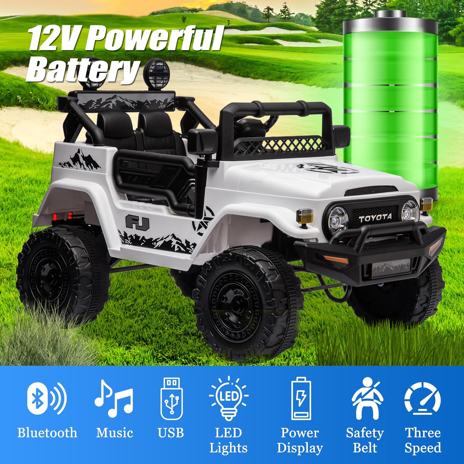 FJ Cruiser – Vehículo eléctrico de 12 V para niños, con control remoto, Bluetooth, MP3, luces LED, absorción de impactos, 2 puertas abiertas (blanco)