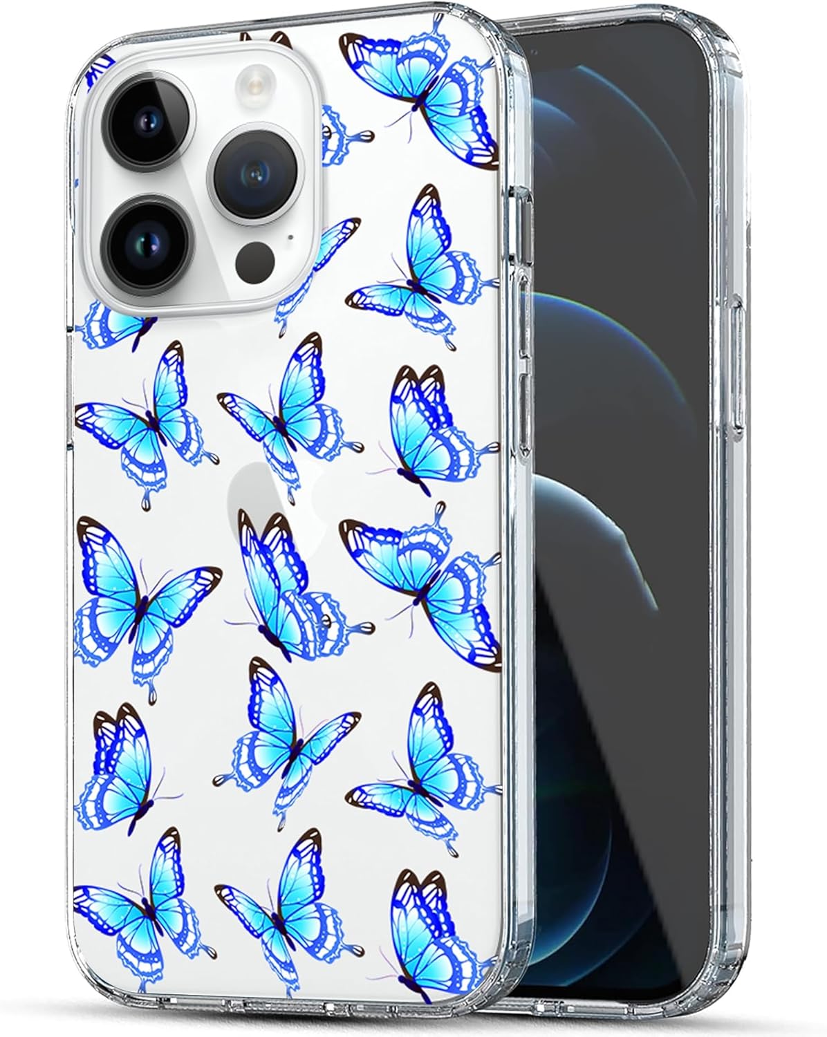 Bonita funda estética de mariposa azul transparente compatible con iPhone 15 Pro Max de 6.7 pulgadas (2023), funda protectora de TPU suave y delgada