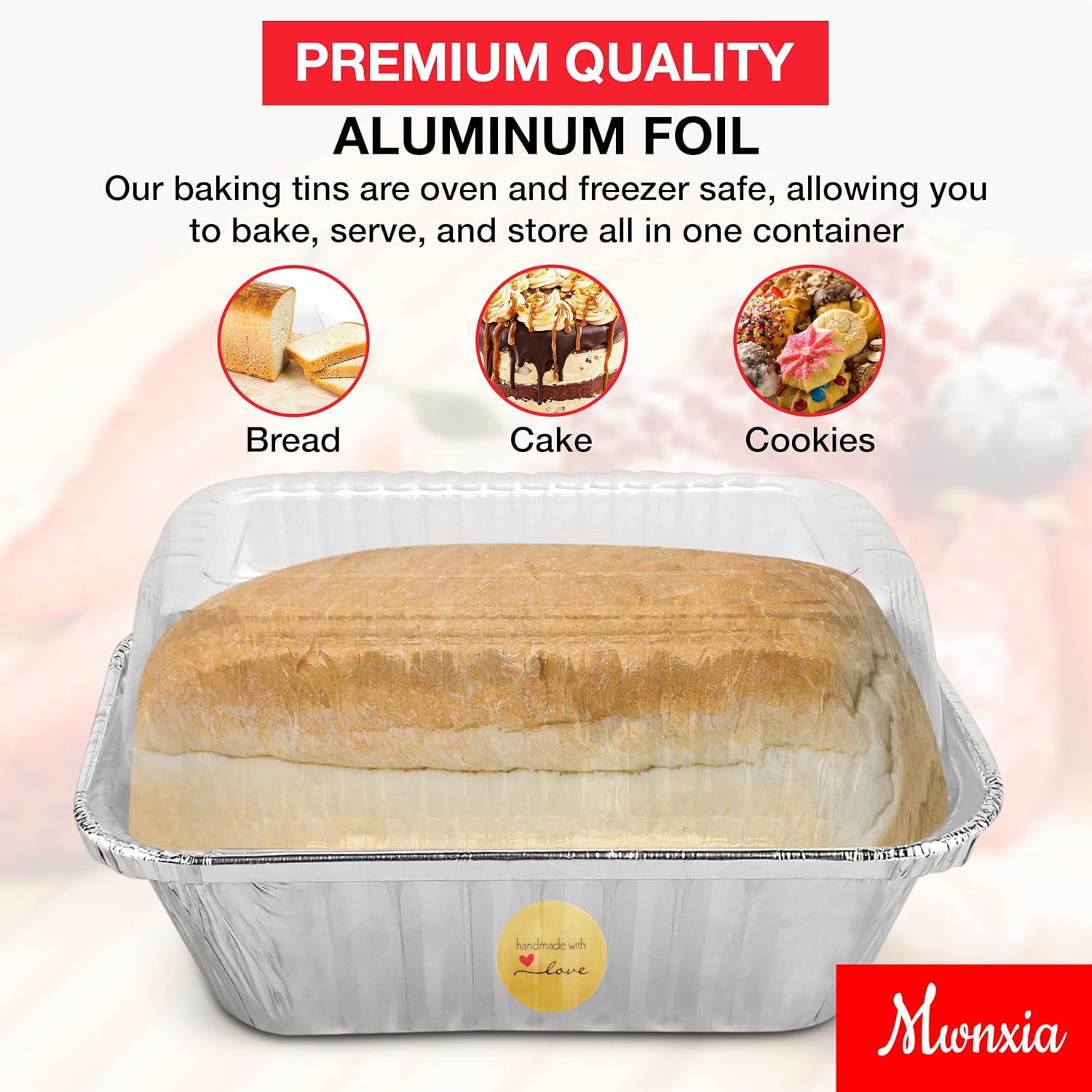 Mwnxia Mini moldes gruesos para pan con tapas, paquete de 50 moldes de aluminio de 1 libra con tapas completas con calcomanías de amor hechas a mano
