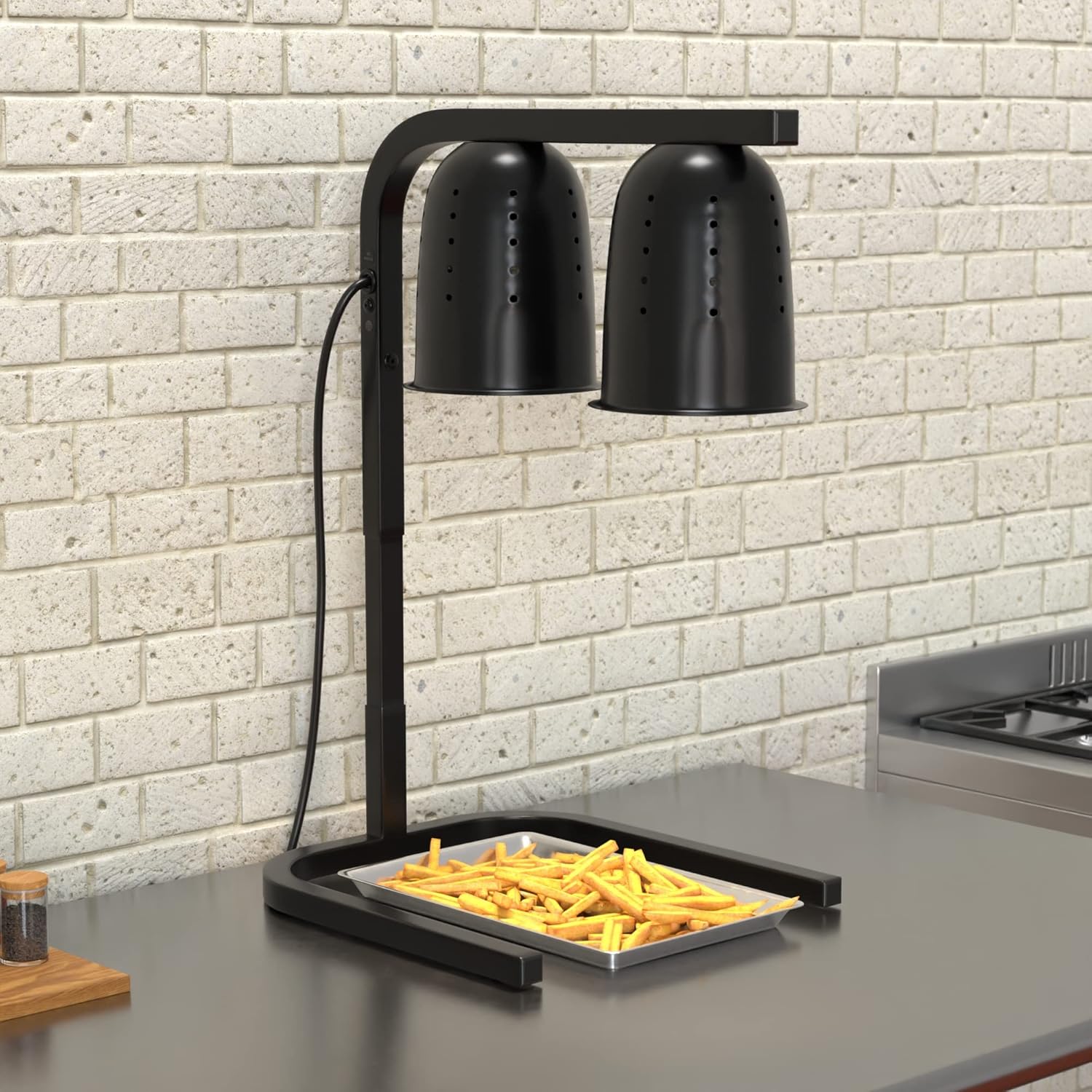 Lámpara de calor de pie negra con 2 bombillas – 120 V, 500 W, W62-BLK, calentador de bufé de alimentos comercial, restaurante, servicio de alimentos