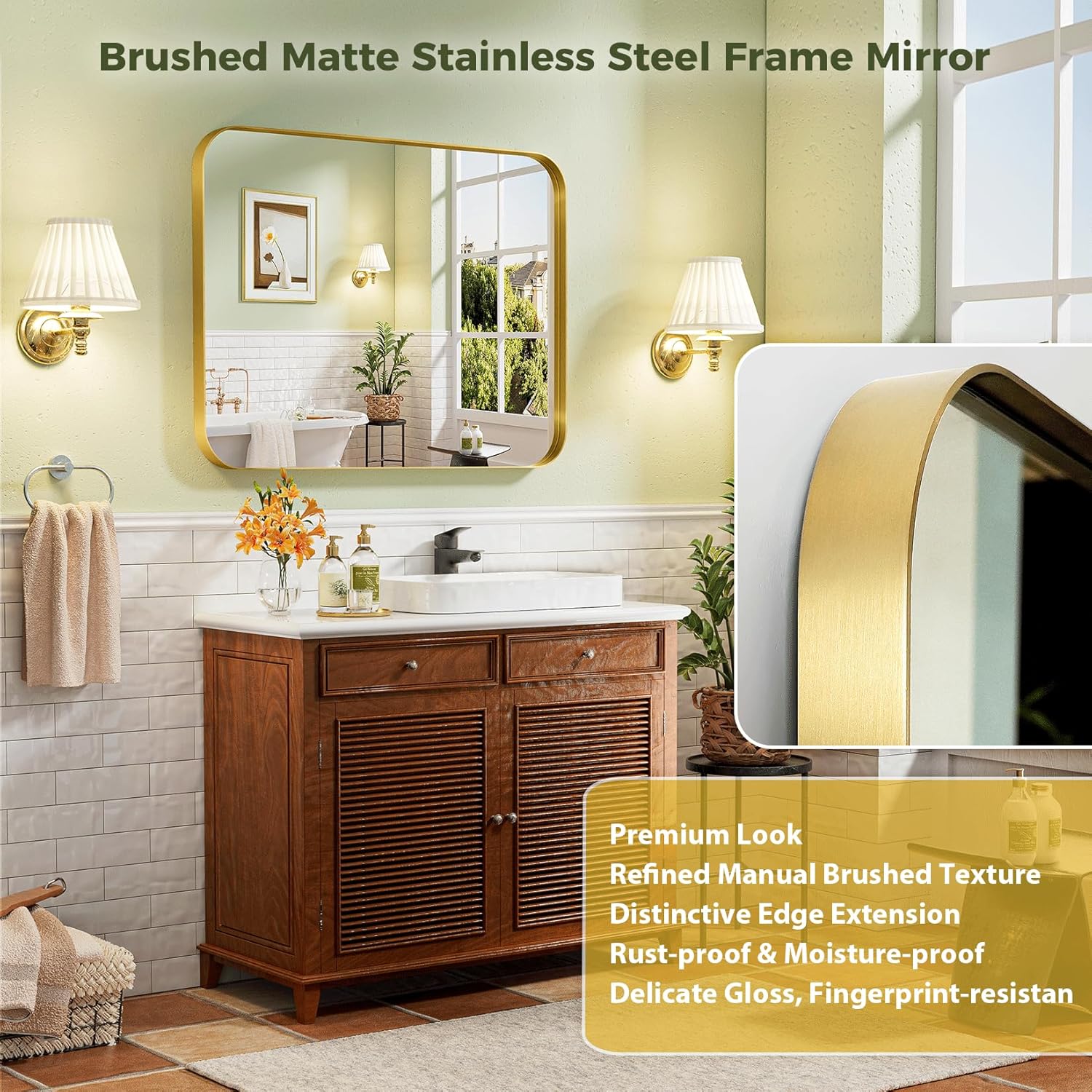 REYPEK Espejo de baño dorado de 22 x 30 pulgadas, espejo de pared dorado con marco de metal cepillado, espejo rectangular grande y redondeado para