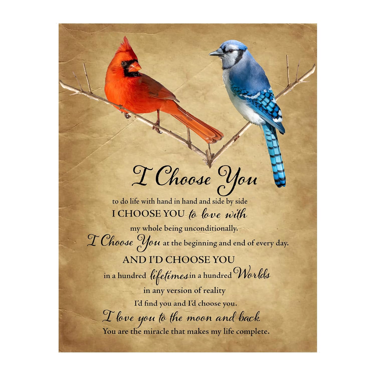 I Choose You – Love Wall Art. Inspirational Marriage Vows, Cardinal & Bluejay Birds Wall Art Print. Ideal For Home Decor & Bedroom Decor. Perfect