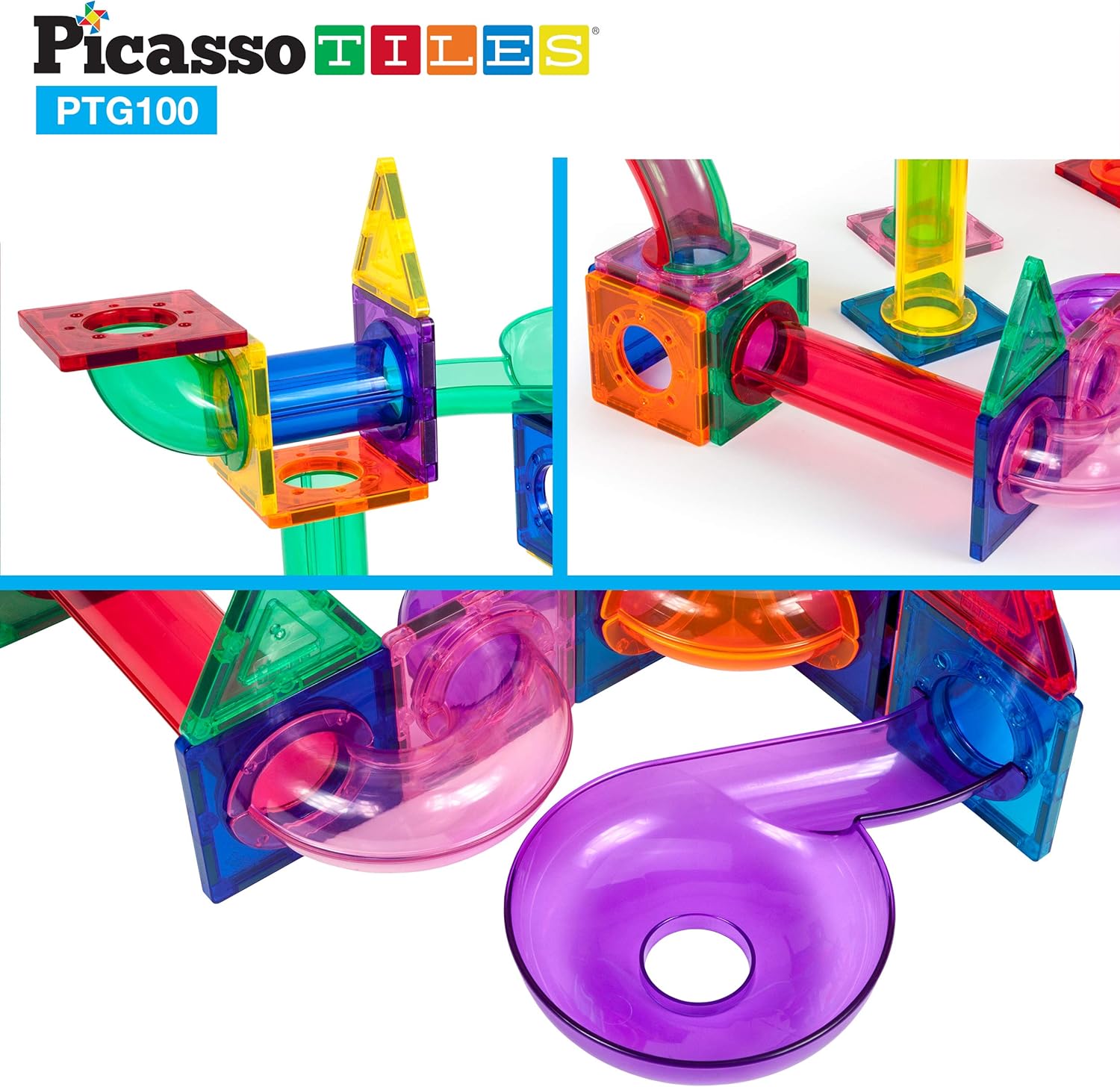 PicassoTiles Paquete de 100 piezas de pista de carreras de canicas + estuche de transporte juego educativo STEAM para niños, incluye organizador de