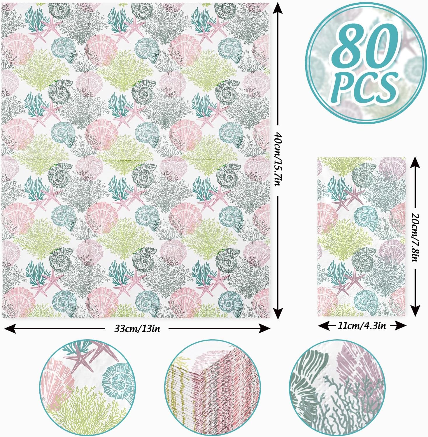 AnyDesign 100 servilletas de papel desechables para invitados de verano, diseño de estrella de mar, conchas y corales, para el hogar, cocina, baño,