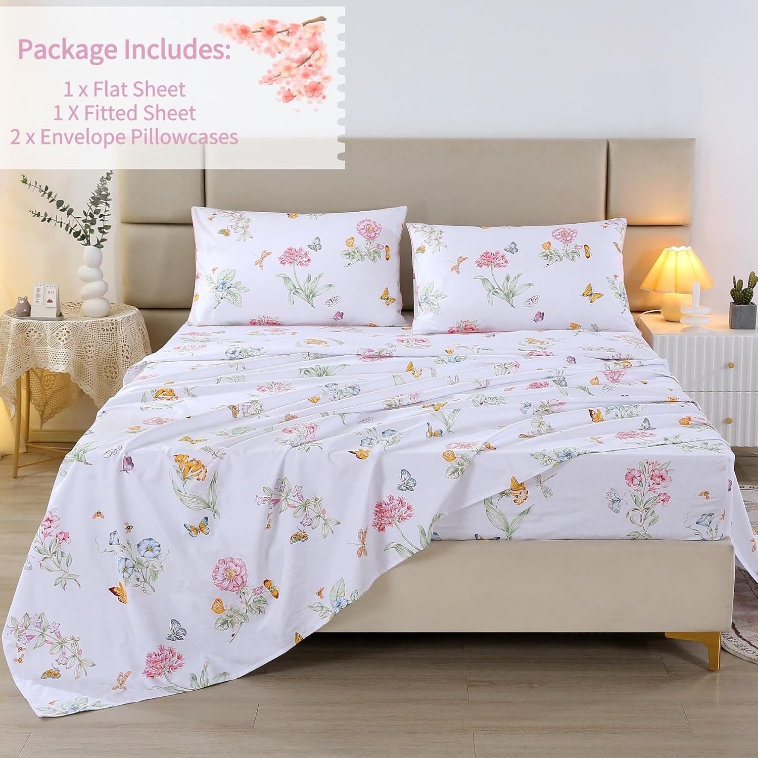 RYNGHIPY Juego de sábanas de algodón egipcio, tamaño King, diseño de flores botánicas de jardín, mariposas, con fundas de almohada, ultra suaves y