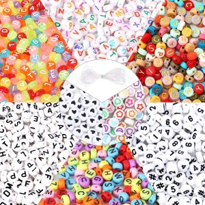 QUEFE 2000 cuentas de letras para pulseras, cuentas redondas de números del alfabeto de 9 colores con 1 rollo de cuerda elástica para hacer joyas, QUEFE 2000 cuentas de letras para pulseras, cuentas redondas de números del alfabeto de 9 colores con 1 rollo de cuerda elástica para hacer joyas,