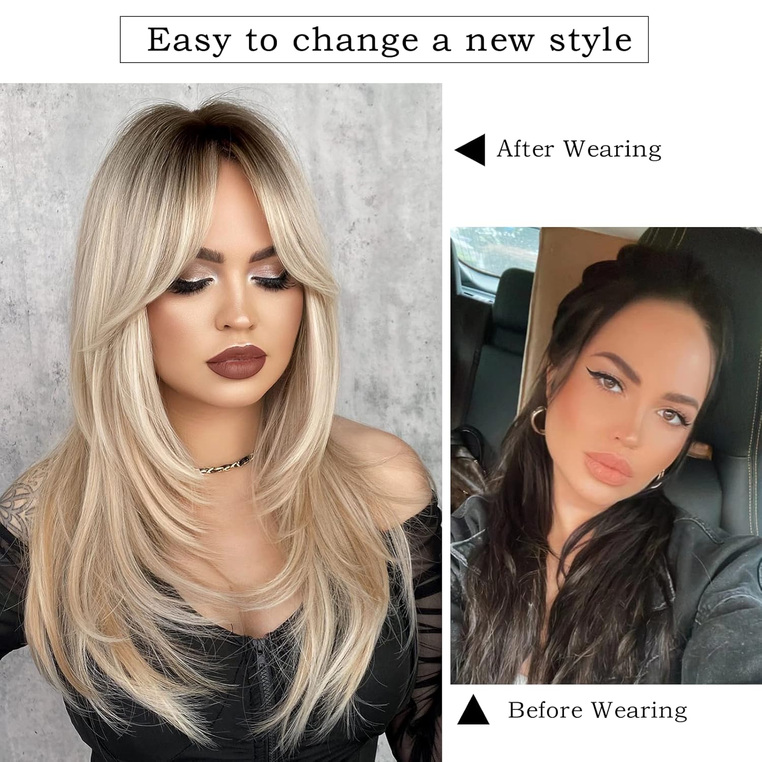7JHH WIGS Peluca rubia larga con flequillo para mujer, fibra resistente al calor, pelucas de cabello sintético en capas de 25 pulgadas con raíces