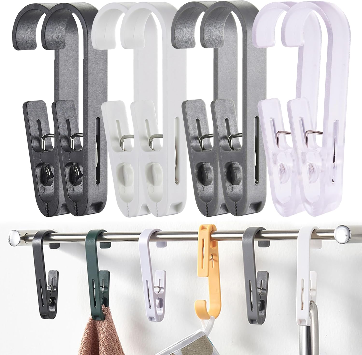 iBetterLife Alfileres de ropa resistentes para exteriores, 8 ganchos grandes para ropa sucia con clips, abrazaderas organizadoras de armario,