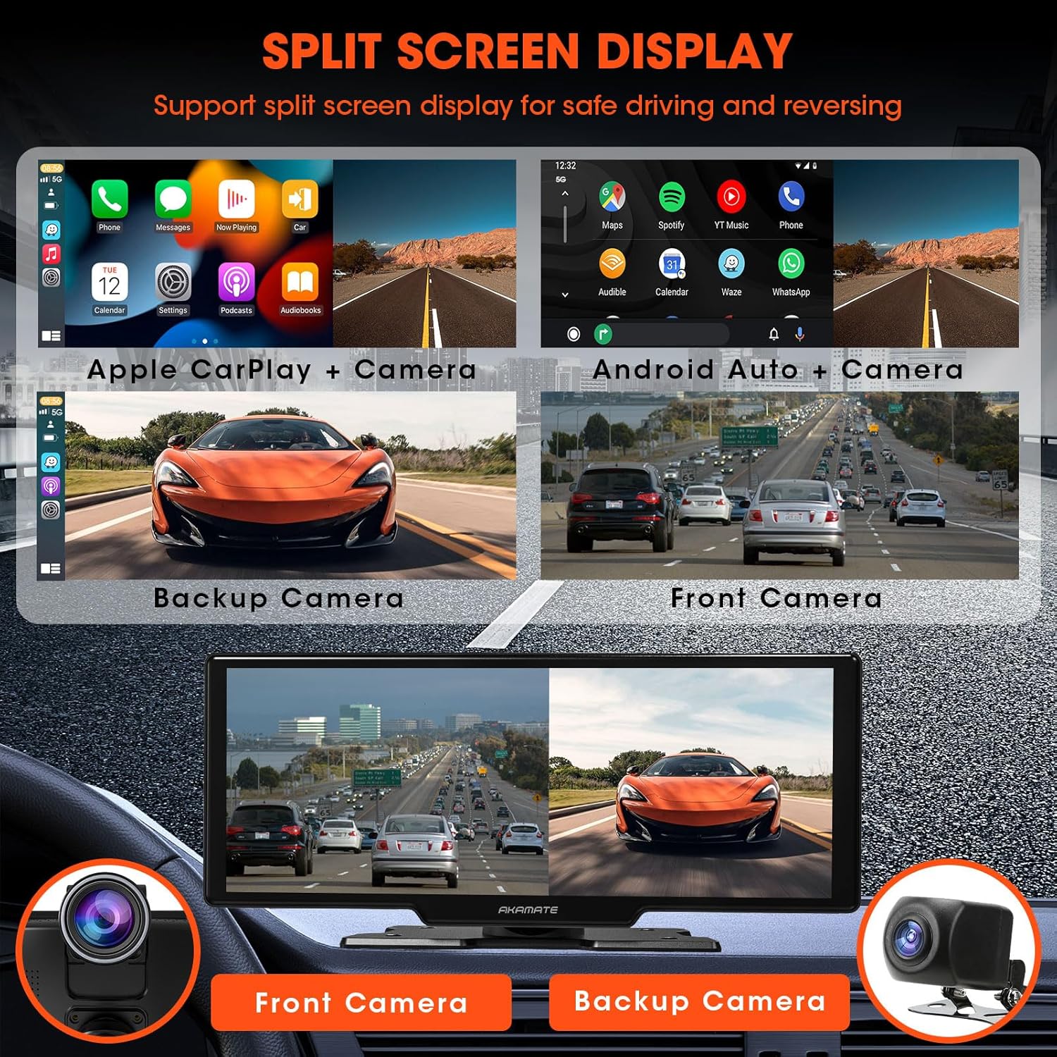 Pantalla portátil de Apple CarPlay montaje en tablero estéreo inalámbrico Android Auto con cámara de tablero de 2.5 K – Pantalla HD IPS de 10.26
