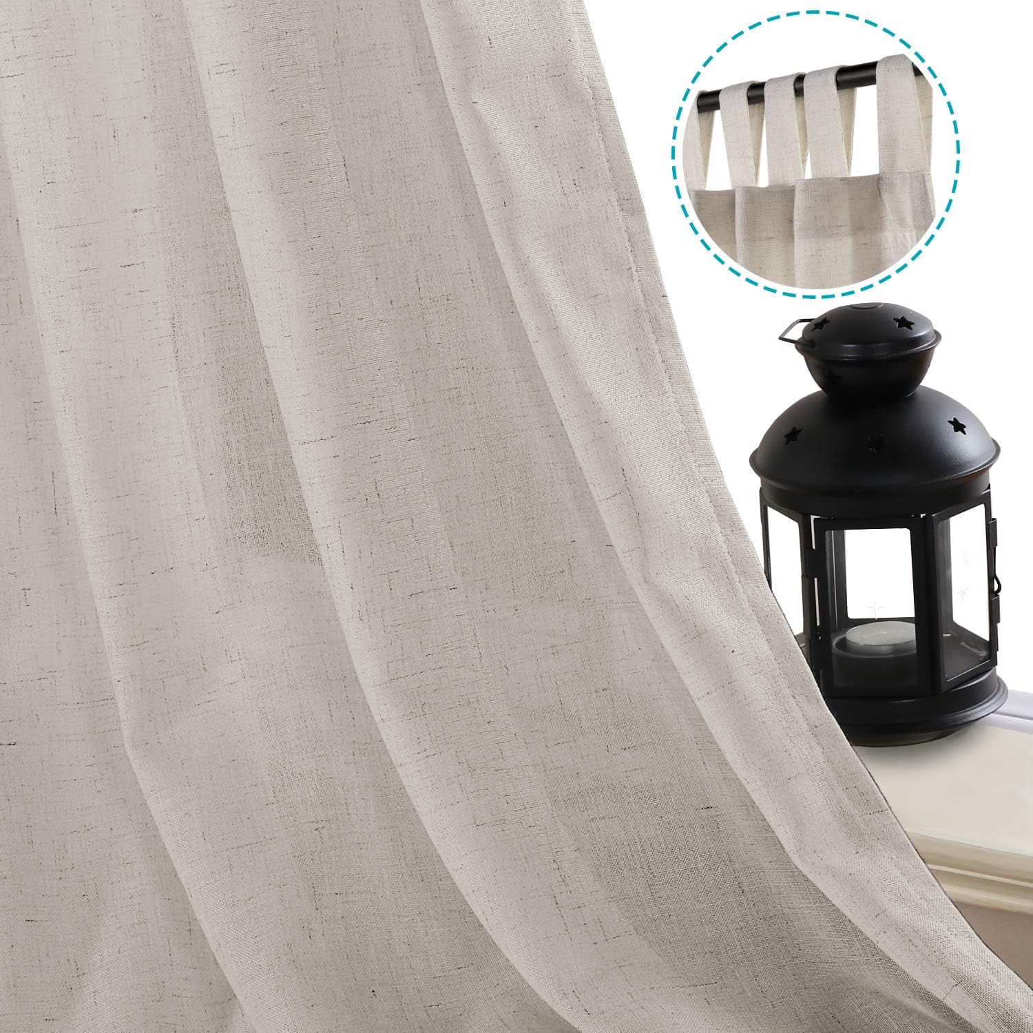 Cortinas de lino para sala de estar, decoración para el hogar, con pestaña superior, privacidad añadida, ahorro de energía, filtro de luz,