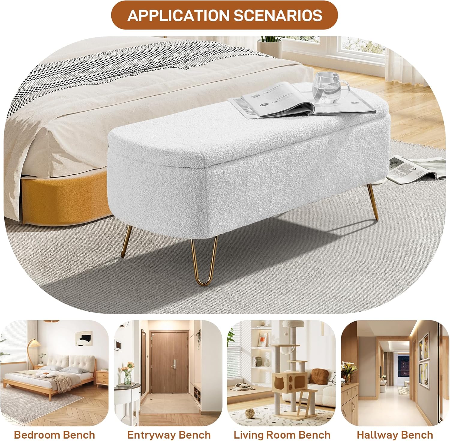 DAMAIFROM Banco otomano de almacenamiento para dormitorio, extremo de la cama, otomana de almacenamiento de peluches con patas doradas, banco