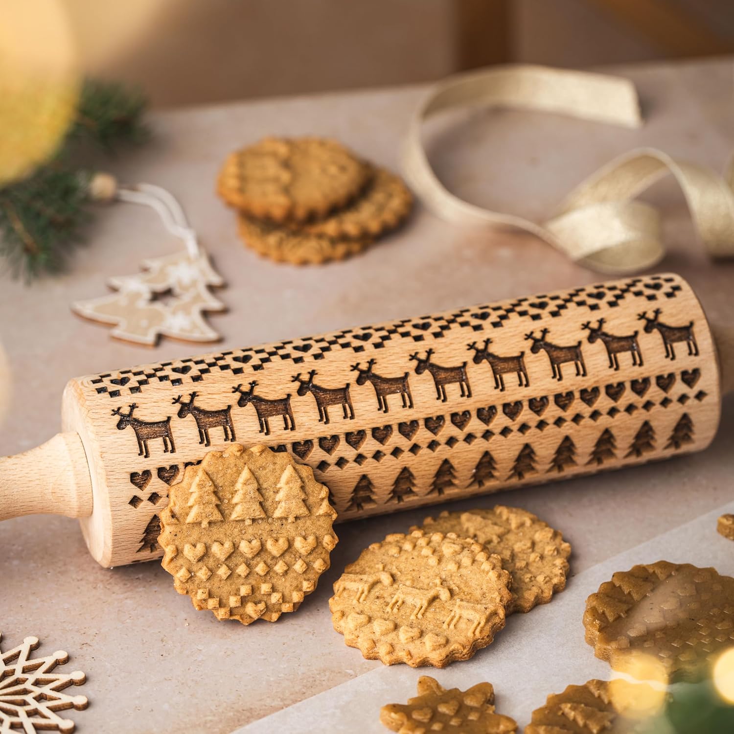 SCANDINAVIAN CHRISTMAS EMBOSSING ROLLING PIN for GINGERBREAD COOKIES DECORATING ROLLER GIFT for FRIEND MOTHER