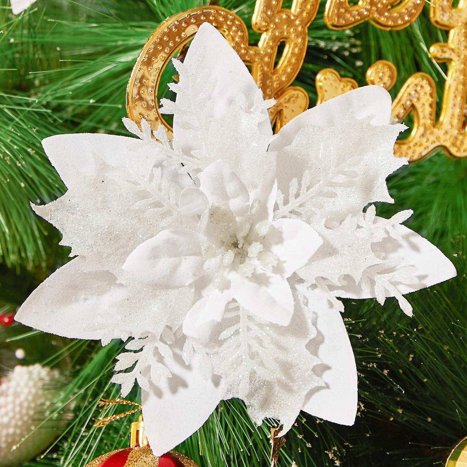 Serwalin 20 flores de Navidad artificiales blancas de 5.5 pulgadas, decoraciones con clips, tallos con purpurina, adornos de árbol de Navidad, boda,