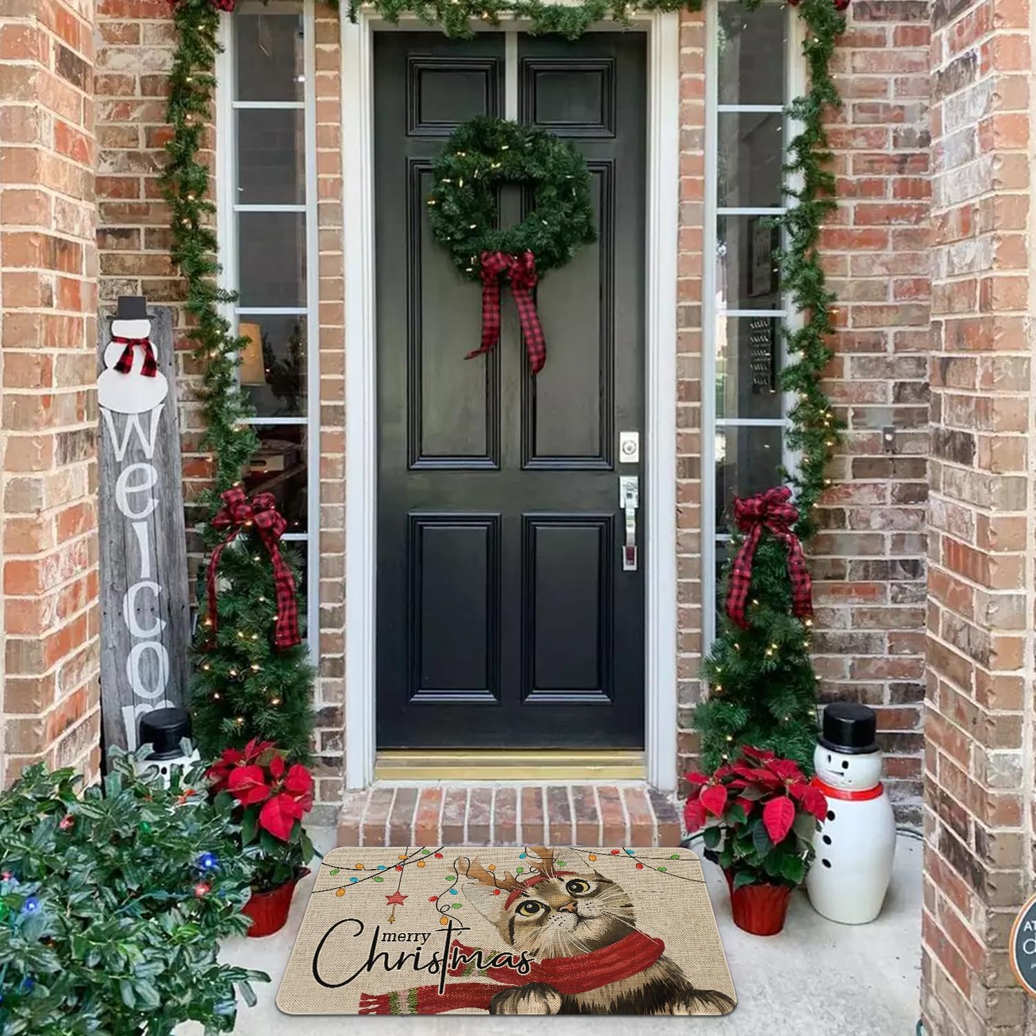 Roszwtit Tapete de puerta de gato de Navidad de 30 x 17 pulgadas, tapete de entrada para interiores y exteriores, tapete antideslizante de goma para
