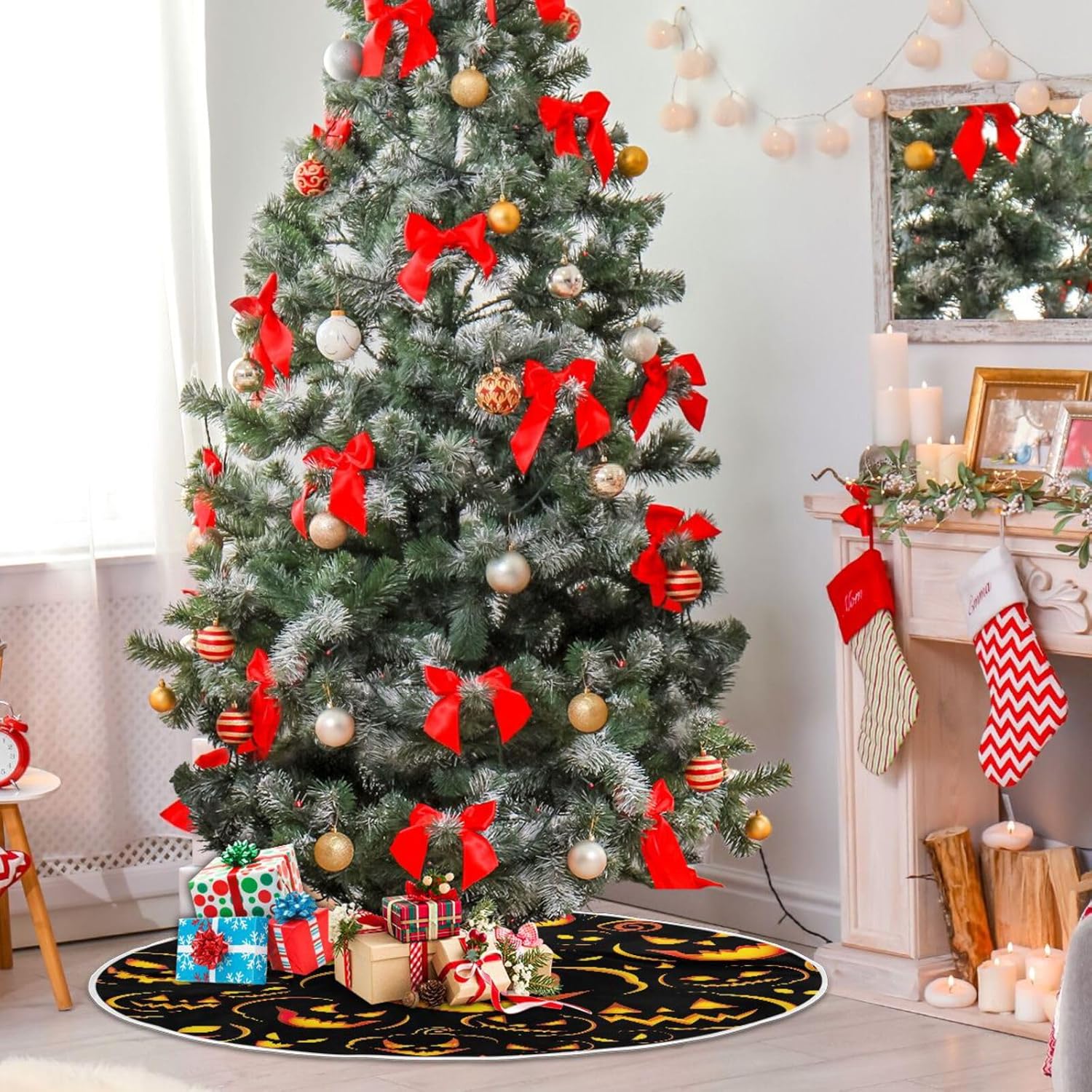 Falda de base de árbol de Navidad negra con patrón de calabaza, falda de árbol de Navidad, 47.2 pulgadas, decoración para árbol de Navidad,