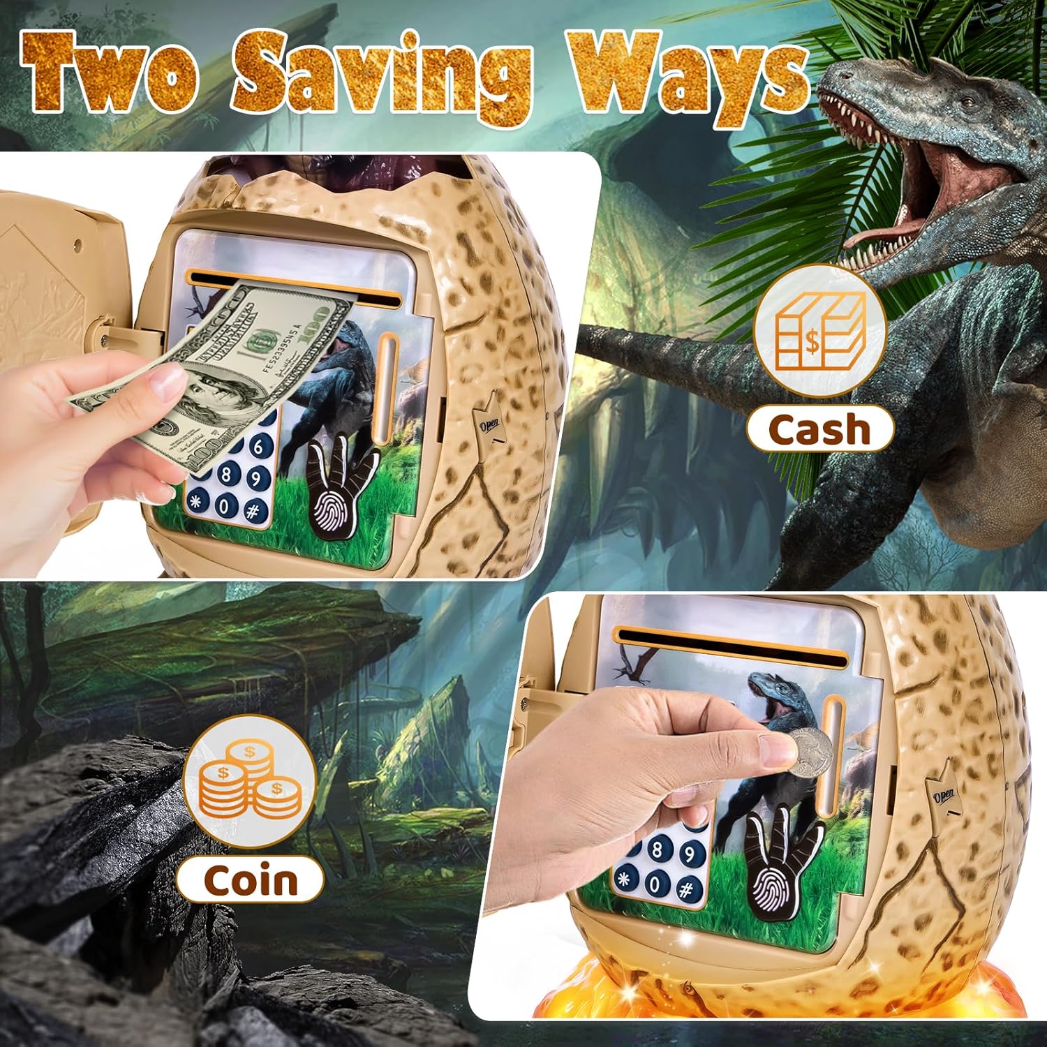 Refasy Juguetes para niños, alcancía electrónica para niños, cajero automático de dinosaurio, alcancía, contraseña, dinero en efectivo, moneda,