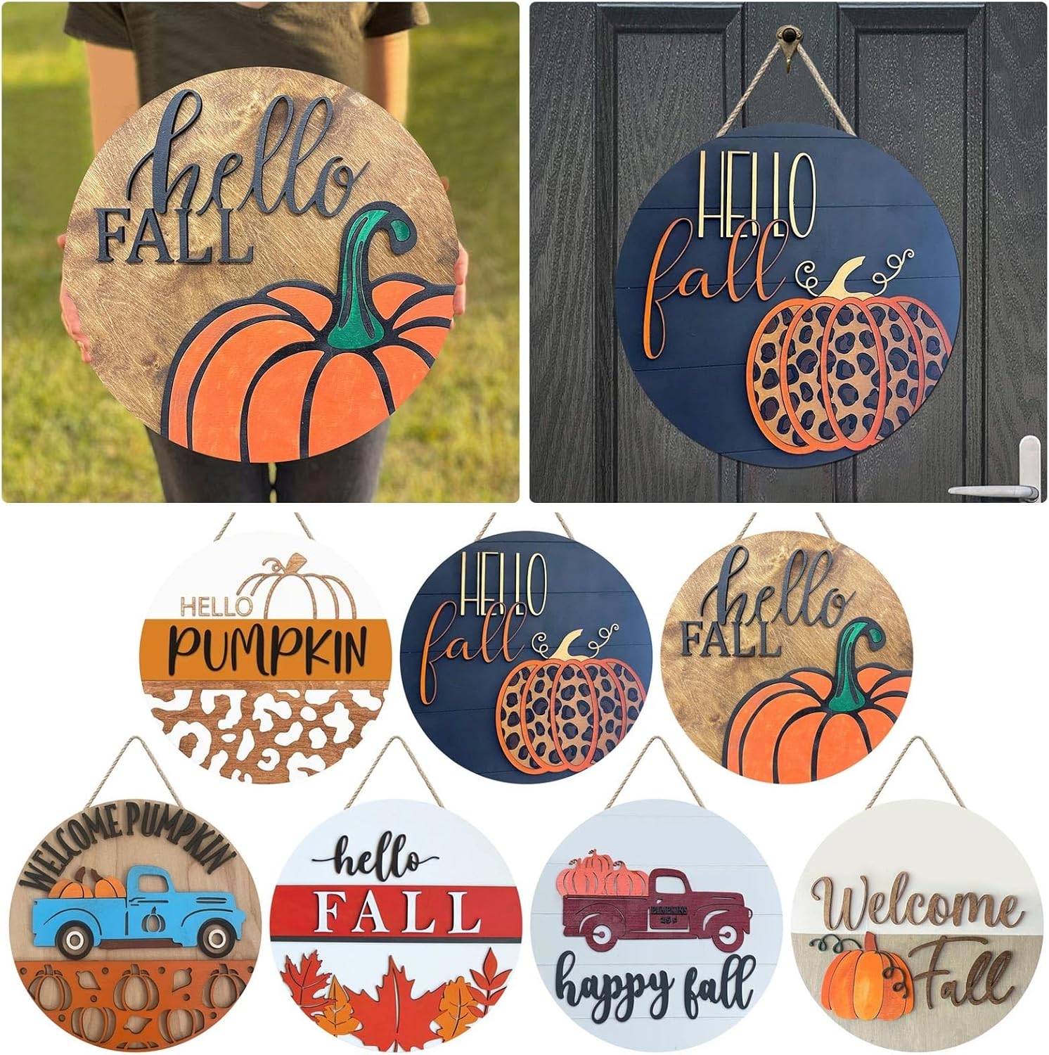 1 placa colgante de bienvenida para puerta delantera, letrero de puerta de otoño, letrero de puerta de madera de Acción de Gracias con calabaza hoja