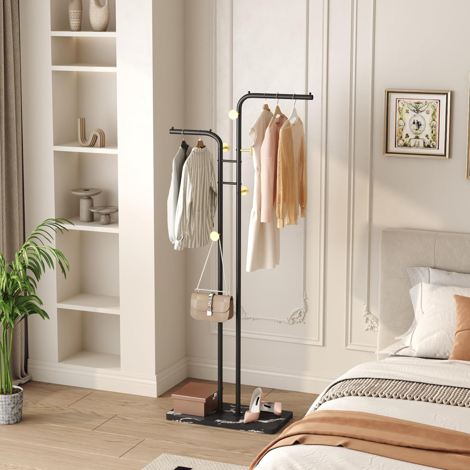 HOMEFORT Perchero de doble polo, perchero de metal independiente, soporte para sombrero de ropa con 5 ganchos para armario, dormitorio, entrada,