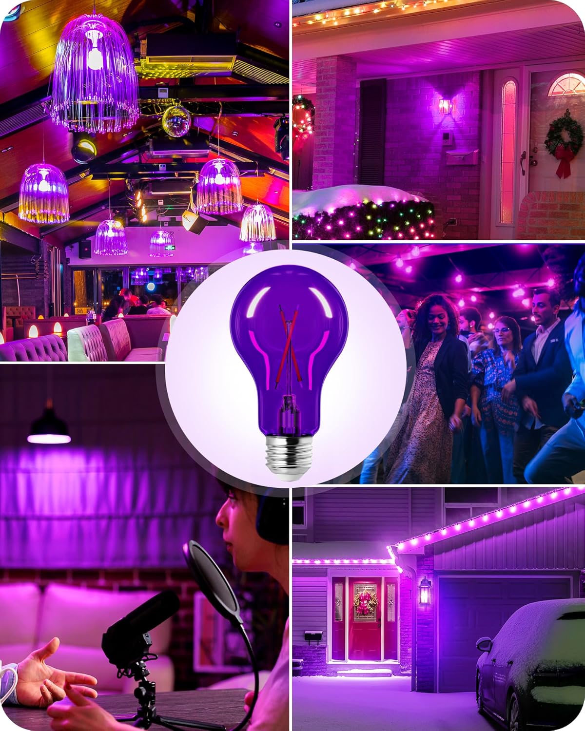 EDISHINE Paquete de 4 bombillas moradas, 8 W A19 regulables, bombilla LED púrpura para Halloween, Navidad, iluminación del hogar, decoración de bar