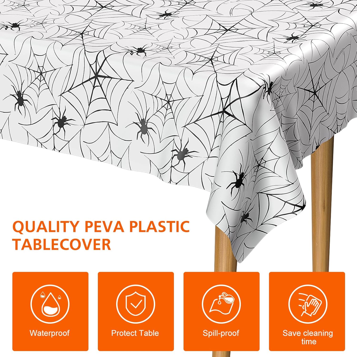 PLULON Paquete de 2 manteles de Halloween de 54 x 108 pulgadas, mantel de plástico de tela de araña para decoración de mesa de cena de vacaciones,