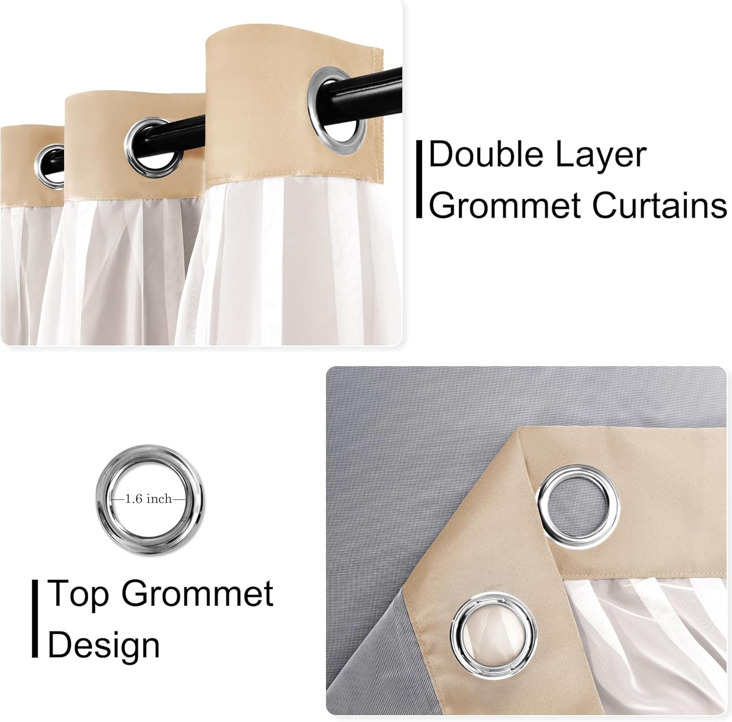 Cortinas 100% opacas con superposición transparente, doble capa con ojales, aislamiento térmico, cortinas de privacidad con forro negro para