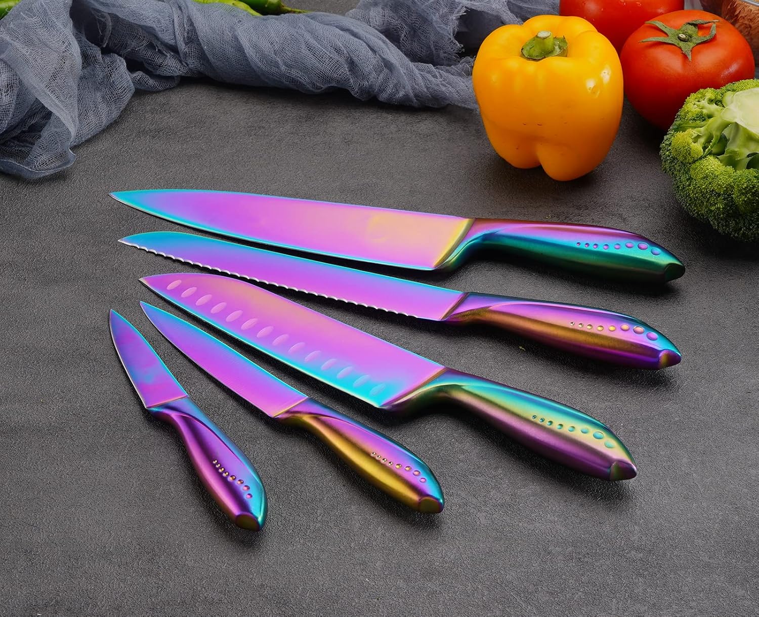Hollory Rainbow – Juego de cuchillos de cocina de 5 piezas, hoja de acero inoxidable alemán súper afilada con chef de 8 pulgadas, pan de 8 pulgadas,
