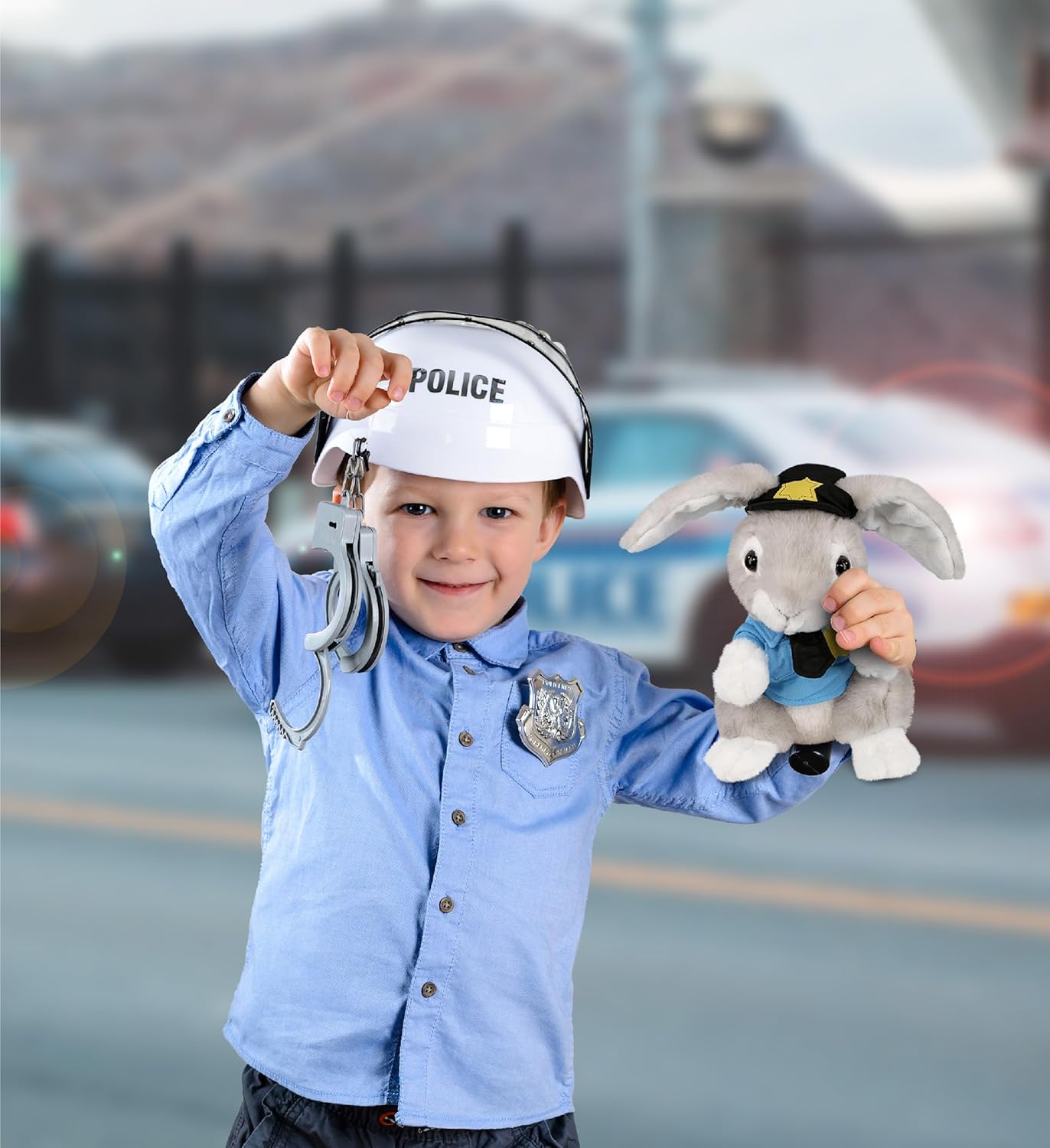 DolliBu Peluche de oficial de policía de conejo gris, disfraz de policía de conejo suave con lindo uniforme de policía y traje de gorra, regalo con