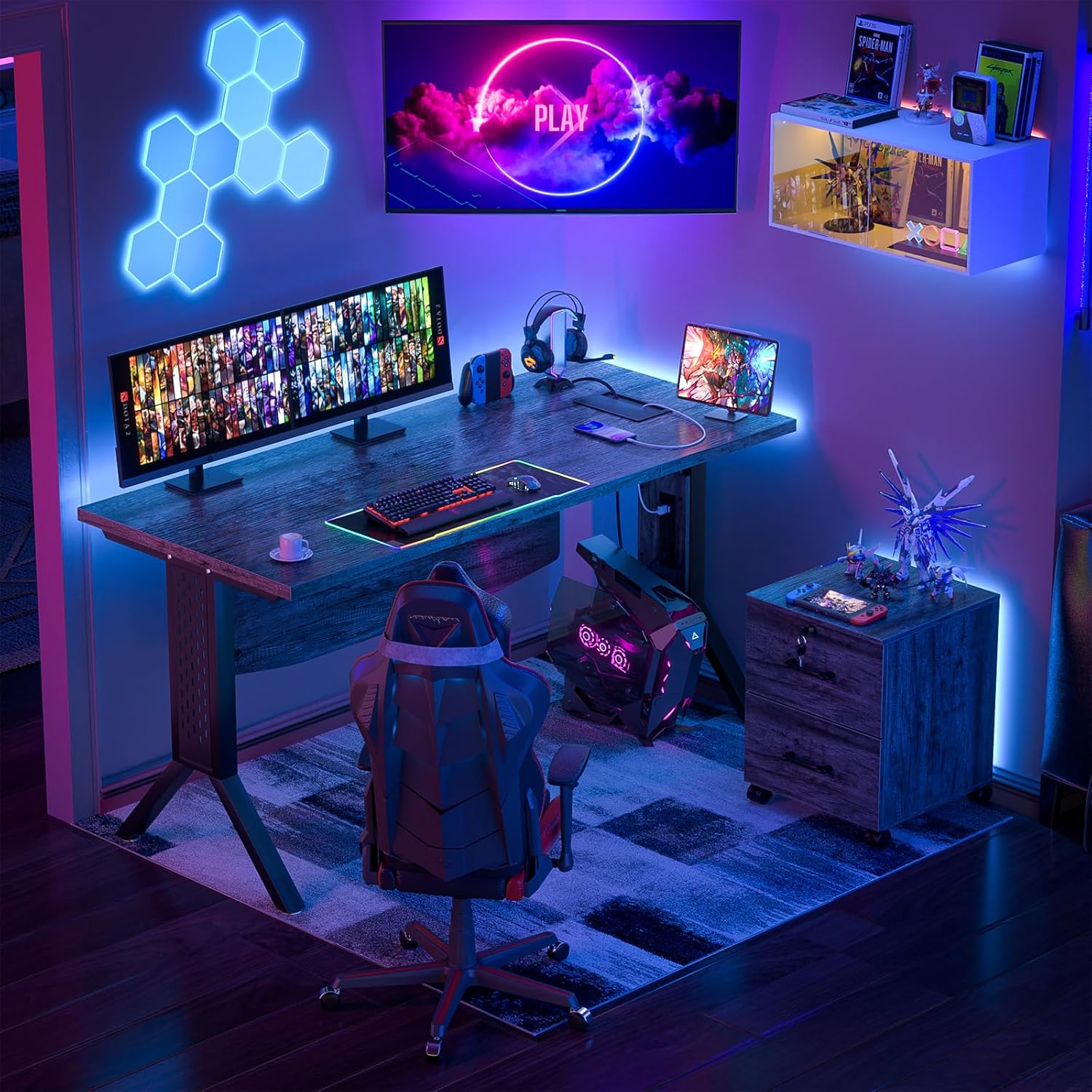 armocity Escritorio para computadora de juegos 55 con mesa auxiliar rodante, escritorio grande de oficina en casa con archivador, escritorio