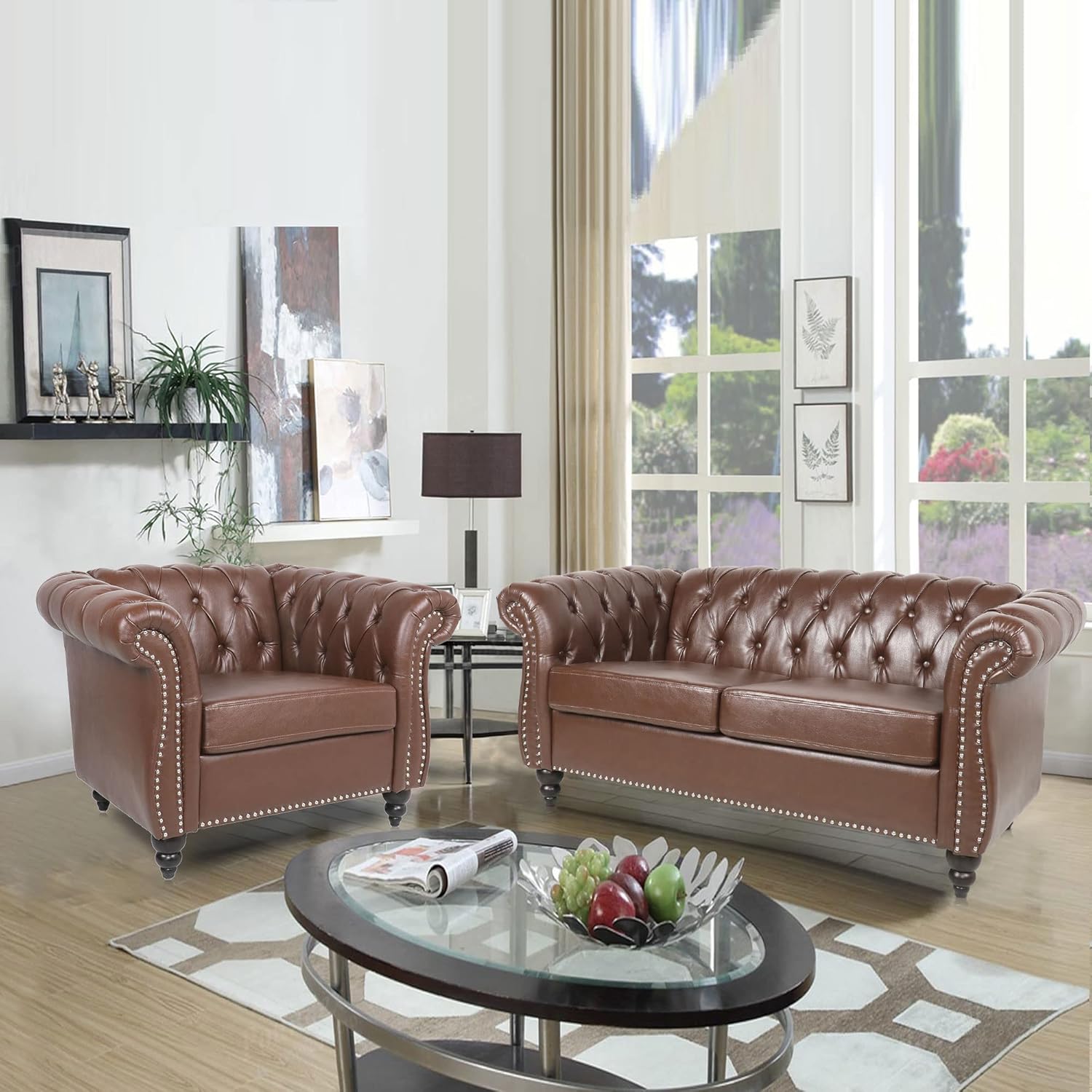 RARZOE Juego de 2 muebles de sala de estar, moderno y contemporáneo con botones copetudos, de piel sintética, para club, sofá de dos plazas