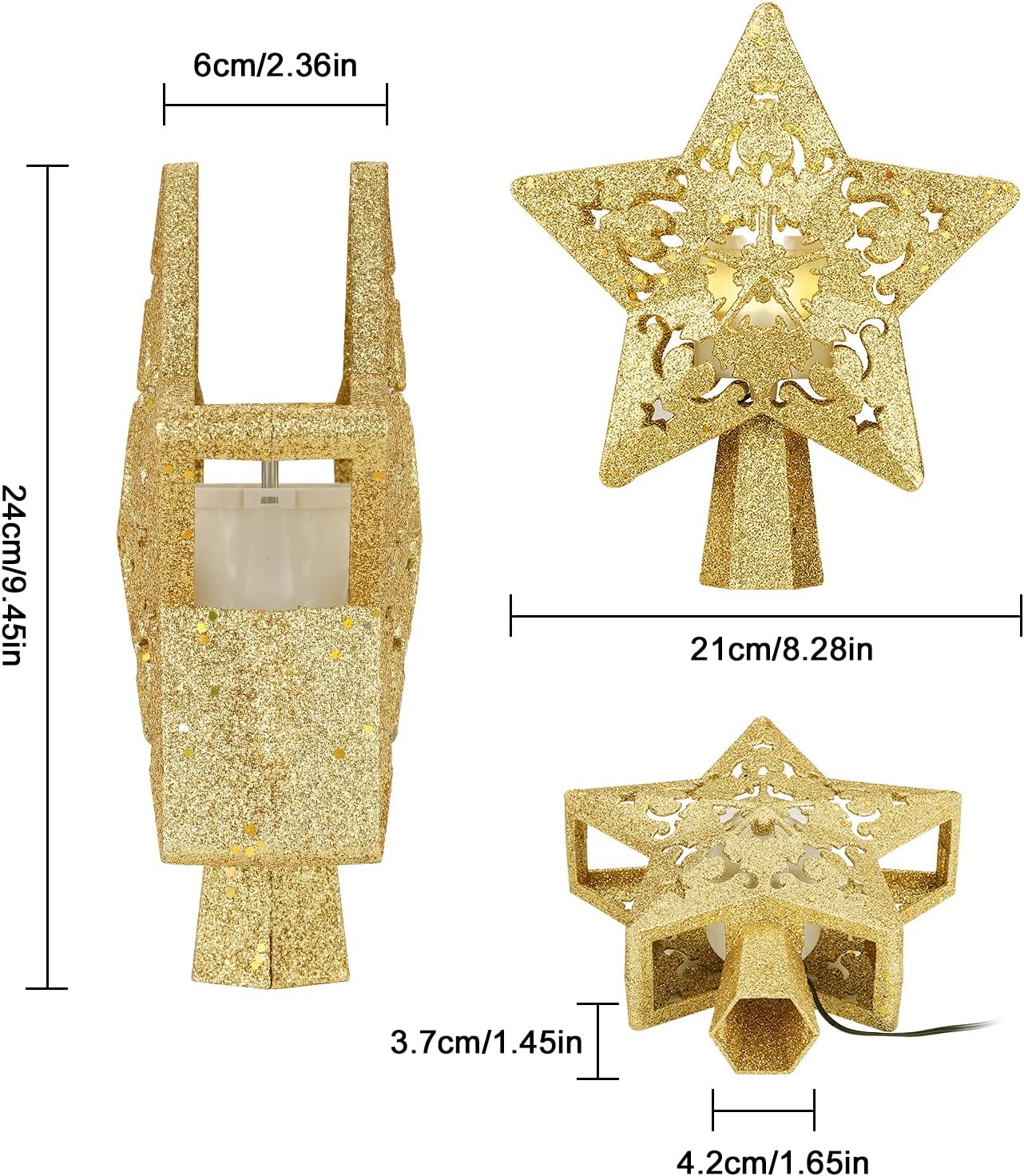 Decoración para árbol de Navidad, estrella iluminada con luz LED giratoria de estrella, estrella dorada con purpurina 3D, luces de proyector de